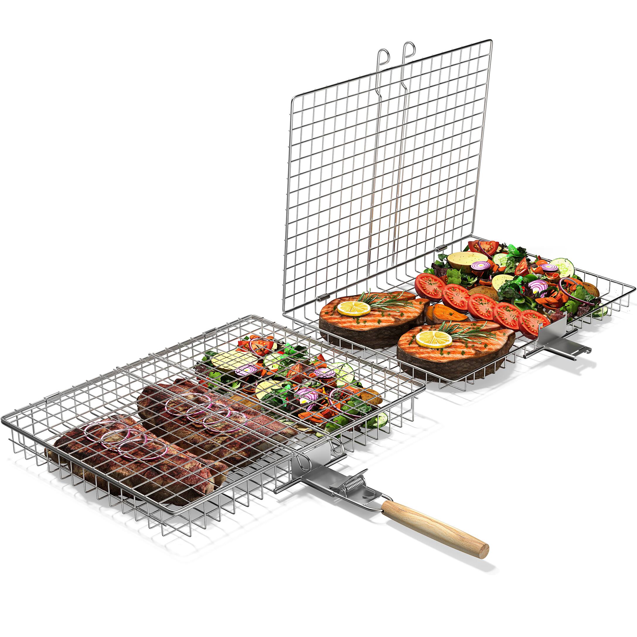 Angle. Sorbus - Sorbus 2 Pack Grill Basket - Stainless Steel Large Barbecue Grilling Basket with Handle, Portable BBQ Accessories - Silver.