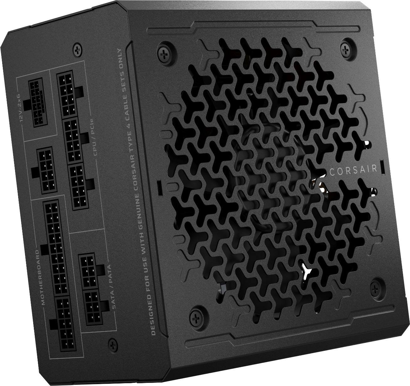 The image features a black Corsair computer case with a motherboard and a power supply. The case is designed to hold a CPU and has a PCIe slot for additional expansion. The case is also equipped with a fan, which helps to cool the internal components. The Corsair brand is known for its high-quality computer components, and this case is no exception.