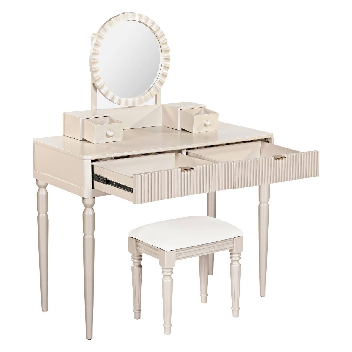 Back. Loheer - Loheer Makeup Vanity Table with Round Mirror, Champagne, Four Drawers and Stool - Champagne.