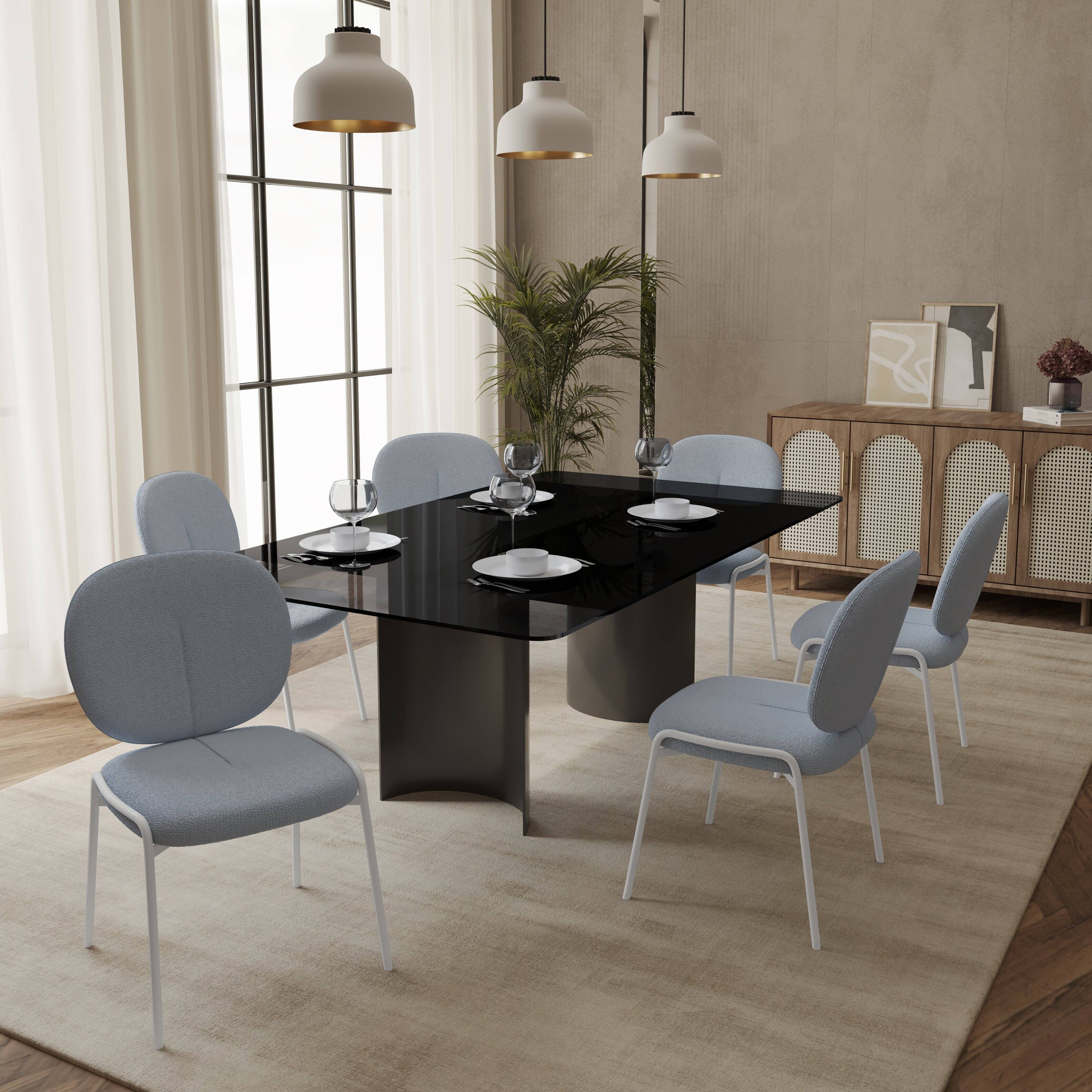 Left. LeisureMod - Celestial Luxury Boucle Dining Chair, Modern Curved Back Accent Side Chair - Textured Teddy Fabric - Blue.