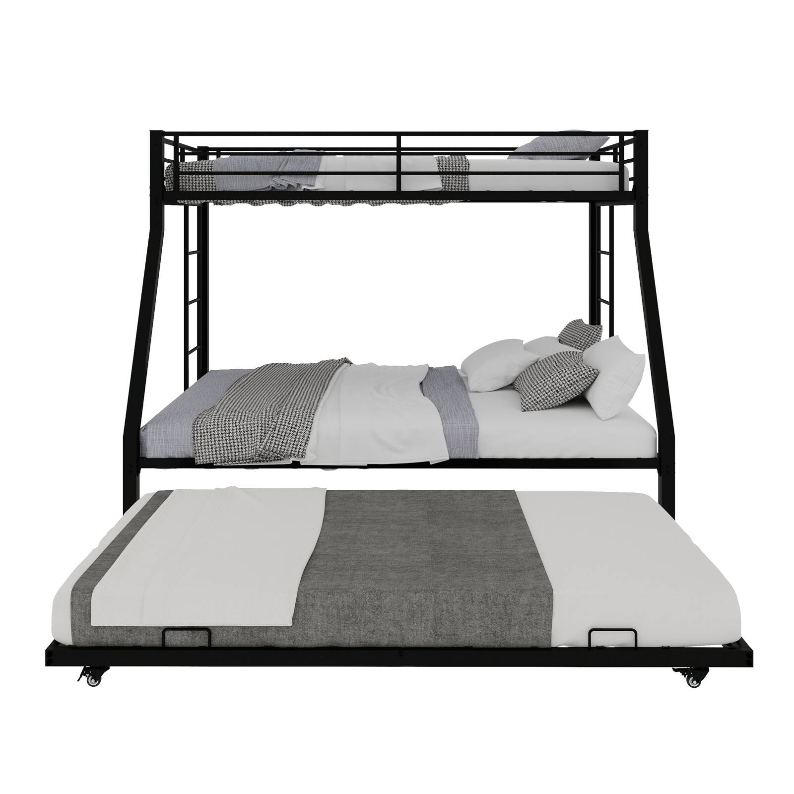 Alt View 9. Loheer - Loheer Twin XL Over Queen Metal Triple Bunk Bed with Trundle Heavy Duty Black Steel Frame - Black.