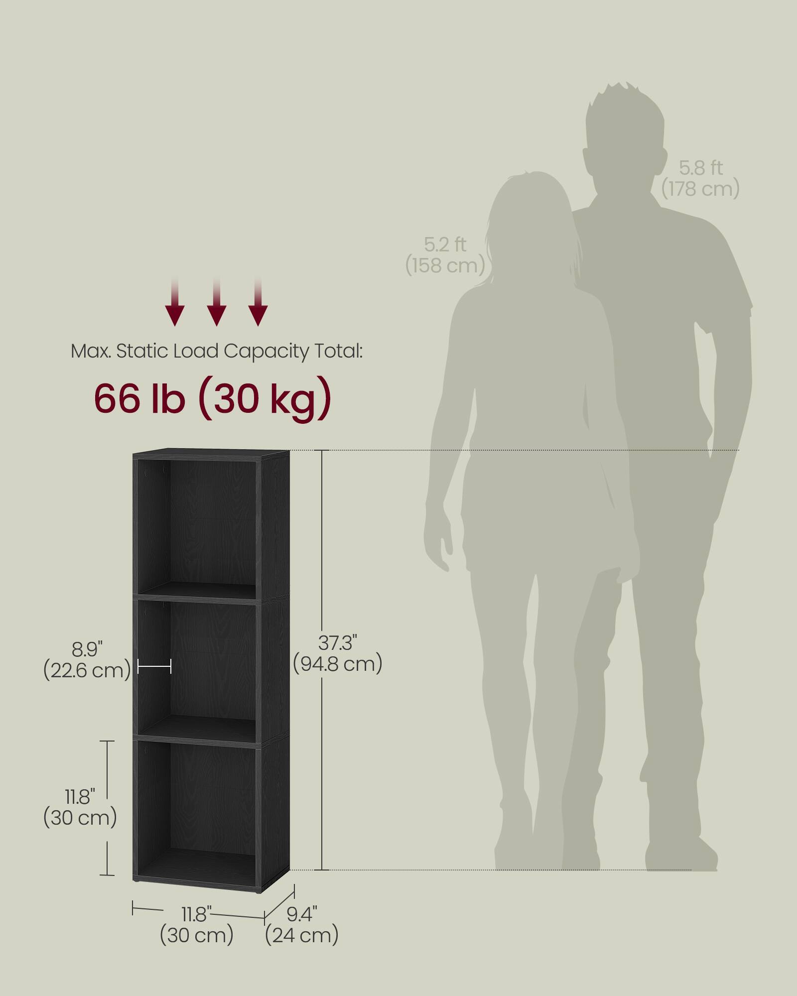 5.8 ft (178 cm)  
5.2 ft (158 cm)  

Max. Static Load Capacity Total: 66 lb (30 kg)  

8.9" (22.6 cm)  
37.3" (94.8 cm)  
11.8" (30 cm)  
11.8" (30 cm)  
9.4" (24 cm)
