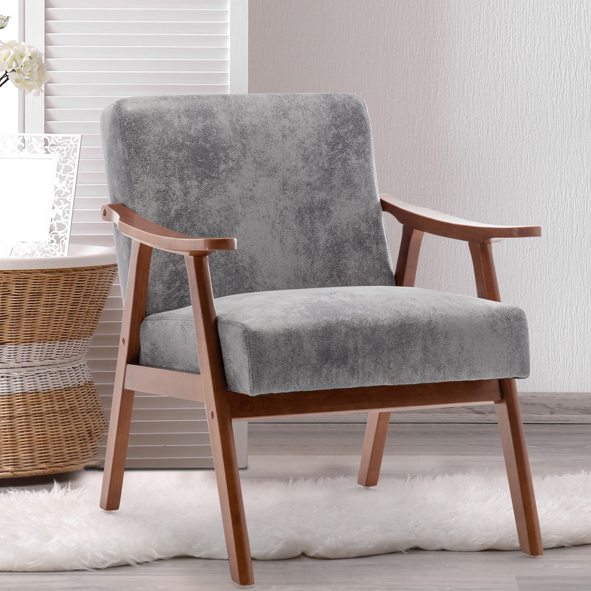 Trinkets Crazed - Accent Chair Mid Century Modern Armchair with Wood Legs Upholstered Lounge Chairs Comfy Cushion for Living Room Bedroom - Gray