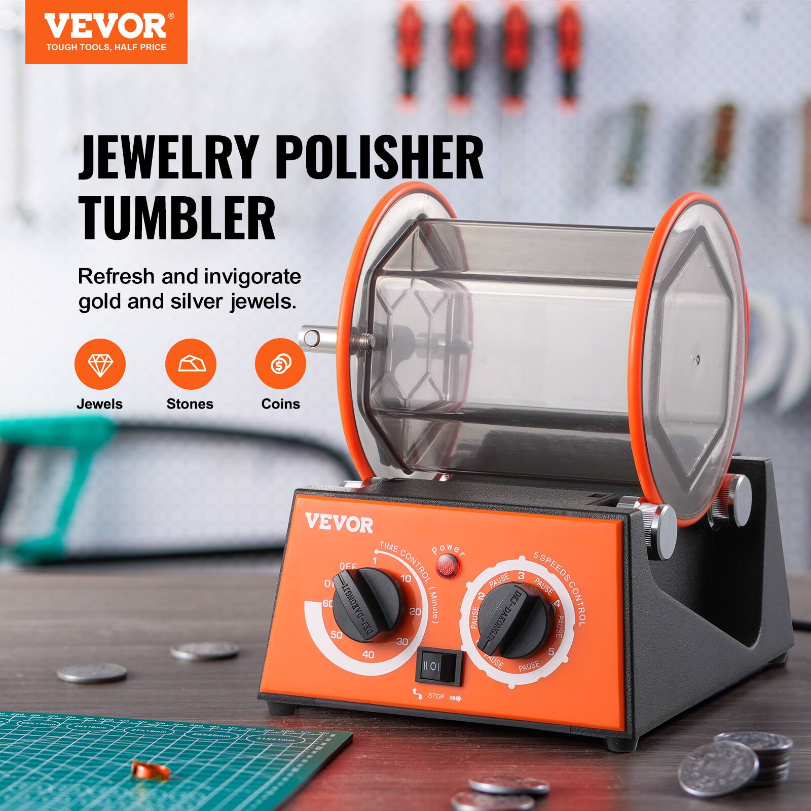 VEVOR TOUGH TOOLS, HALF PRICE JEWELRY POLISHER TUMBLER  
Refresh and invigorate gold and silver jewels.  
Jewels Stones Coins  

VEVOR TIME CONTROL  
1 2 3 4 5 10 20 Minute PAUSE  

5 SPEEDS CONTROL  
1 2 3 4 5 PAUSE STOP  

DRJ-DAKONGJ