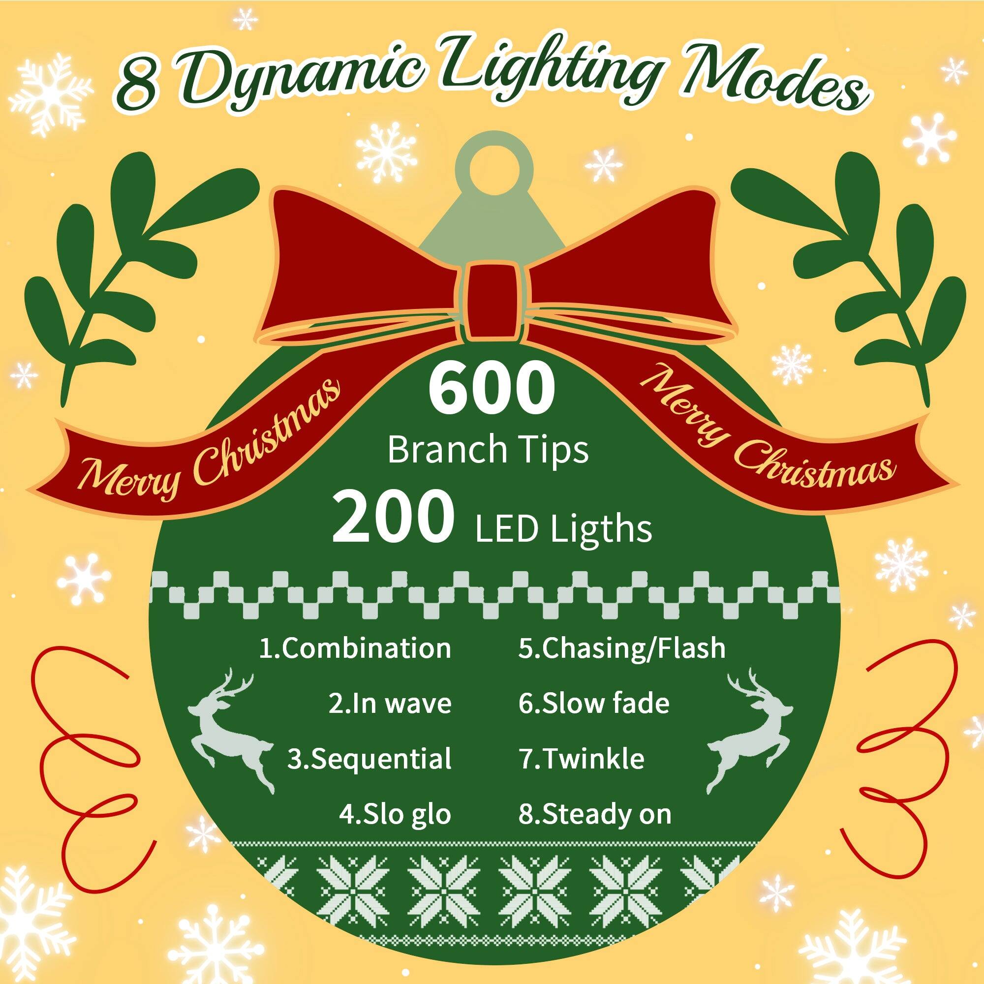 8 Dynamic Lighting Modes

600 Branch Tips

200 LED Lights

1. Combination
2. In wave
3. Sequential
4. Slo glo
5. Chasing/Flash
6. Slow fade
7. Twinkle
8. Steady on

Merry Christmas