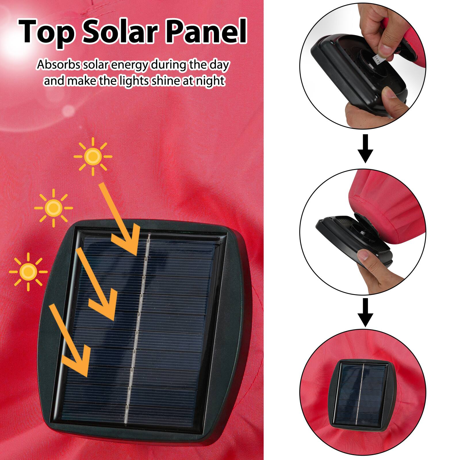 Top Solar Panel  
Absorbs solar energy during the day and makes the lights shine at night