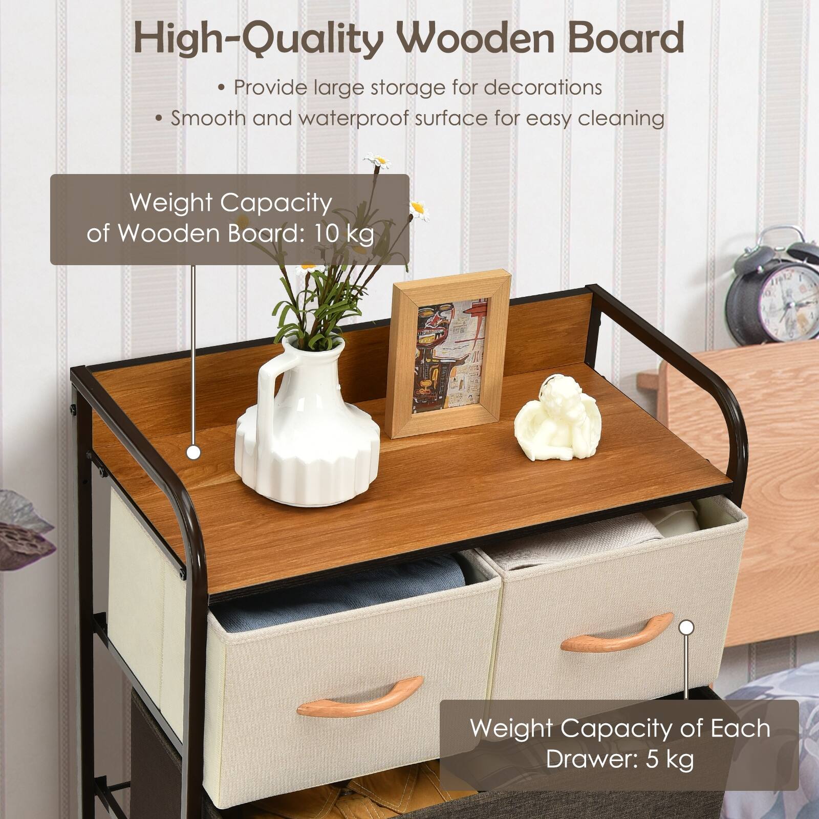 High-Quality Wooden Board
Provide large storage for decorations
Smooth and waterproof surface for easy cleaning
Weight Capacity of Wooden Board: 10 kg
Weight Capacity of Each Drawer: 5 kg