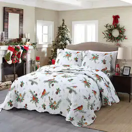 MarCielo - 3-Piece Winter Cardinals Christmas Queen Size Quilt Bedspread Set C79 - White