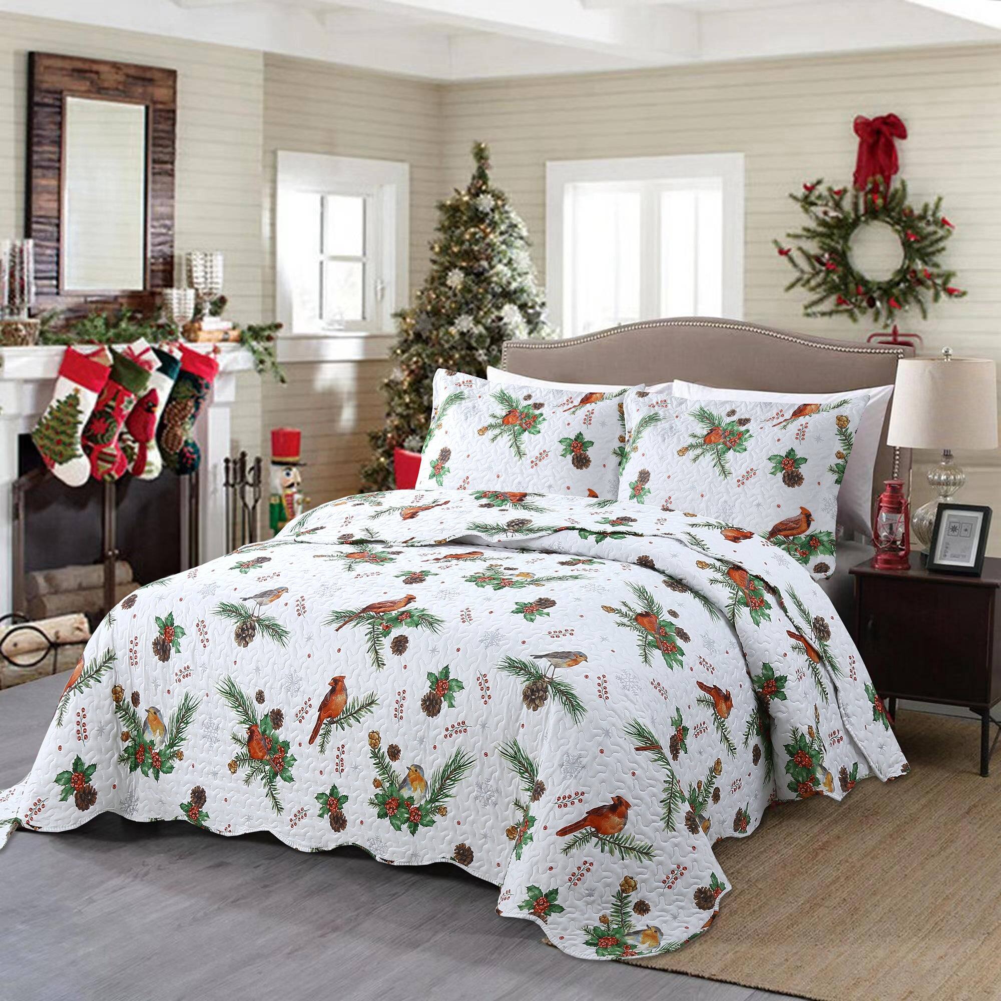 Front. MarCielo - MarCielo 3-Piece Winter Cardinals Christmas Queen Size Quilt Bedspread Set C79 - White.