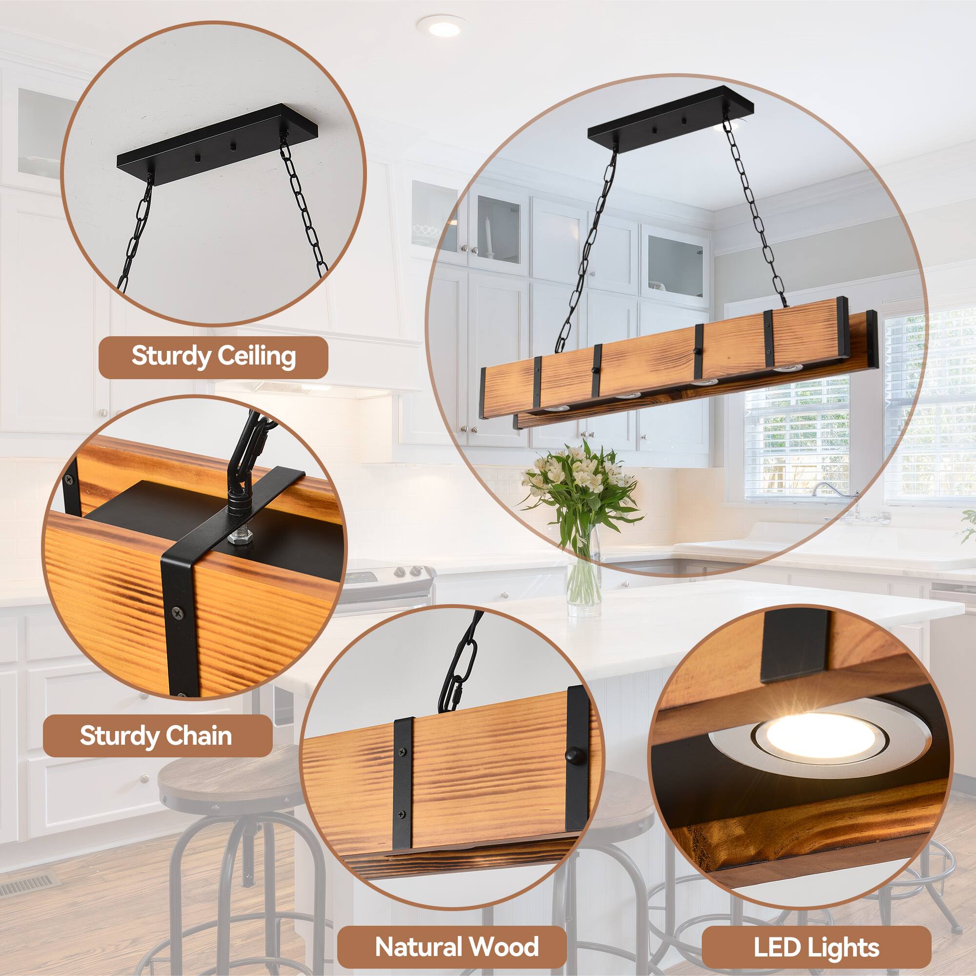 - Sturdy Ceiling
- Sturdy Chain
- Natural Wood
- LED Lights