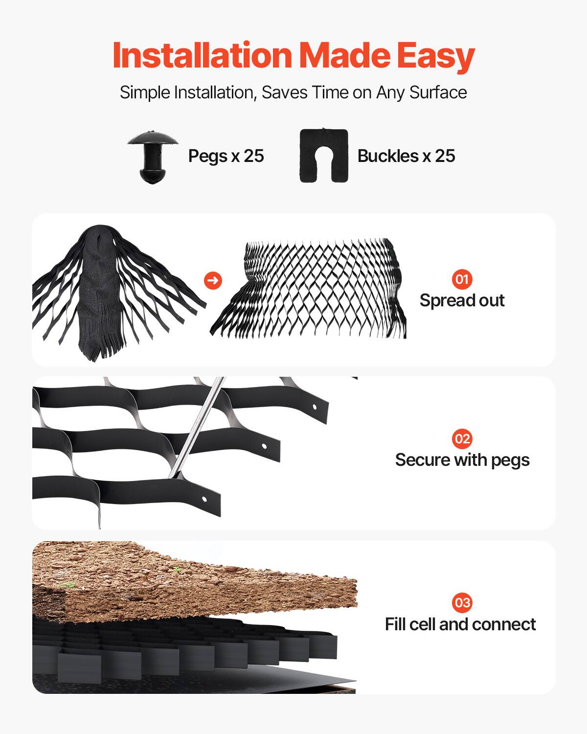 Installation Made Easy
Simple Installation, Saves Time on Any Surface
Pegs x 25
Buckles x 25
01 Spread out
02 Secure with pegs
03 Fill cell and connect