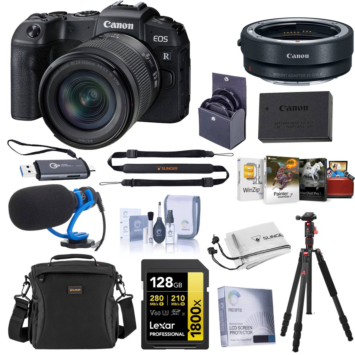 Canon EOS RF24-105mm Lens F4-7.1 CANON SI STM R  
Canon MOUNT ADAPTER EF EOS  
Canon BATTERY PACK LP-E17 24 1040mAhic.com  

COREL  
PATAME  
SLINGER  
WinZip  
Painter 7 essentials  
AfterShot Pro  

100%  
PROSPIC  
SLINGER  
SUNGER  
128GB 280 210 MB/s 0 MB/s IN S2 V60 3 XC II Lexar PROFESSIONAL 1800x  
PRO OPTIC Optical Gam LCD SCREEN PROTECTOR