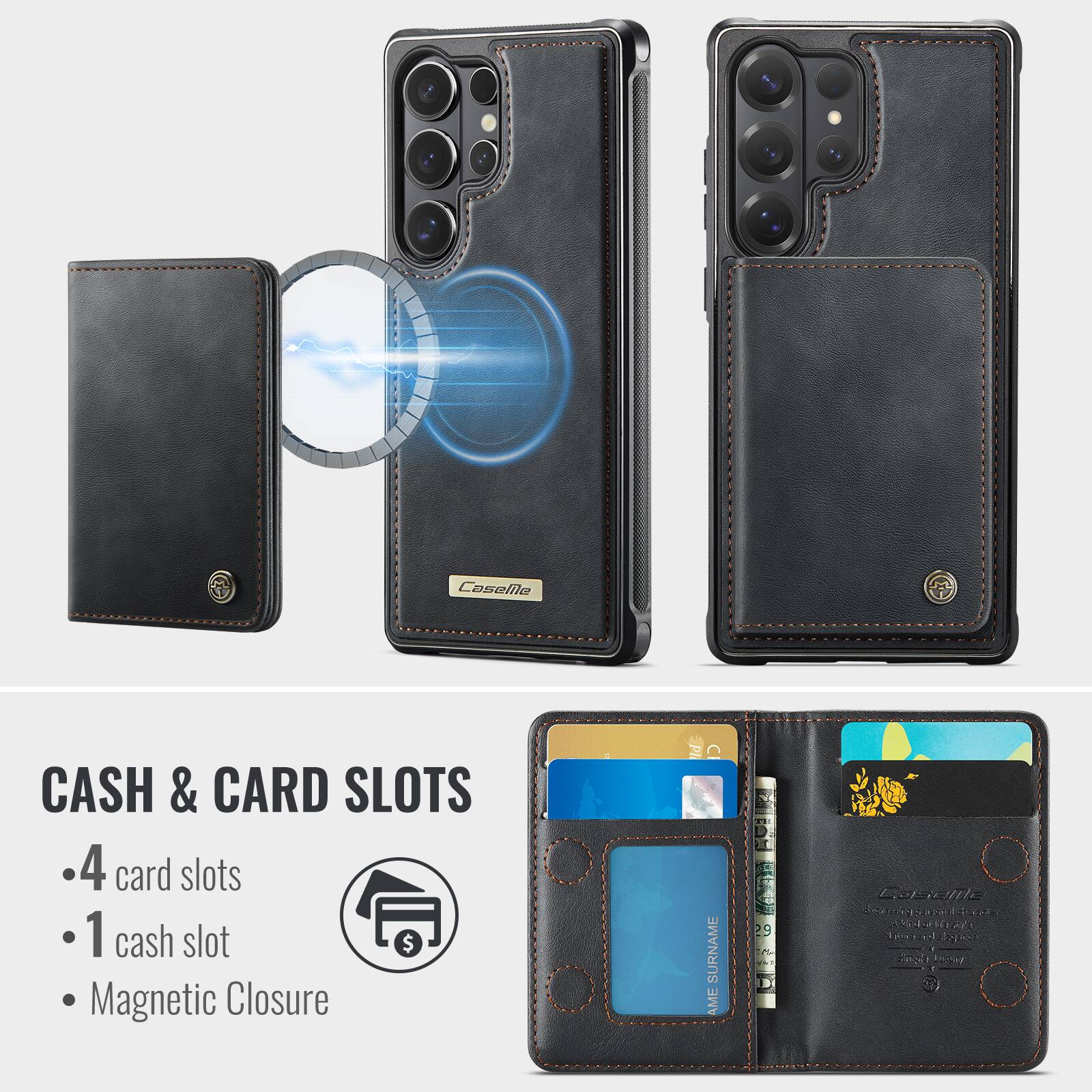 Coselllo CASH & CARD SLOTS  
4 card slots  
1 cash slot  
Magnetic Closure  

PI SURNAME AME  
1 29  
aete AEar TAOT x2R  
5N H A  
ToKY  
EXAS  
2e2l