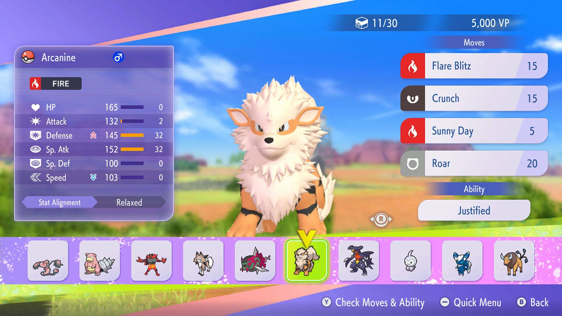 11/30  
5,000 VP  

Arcanine  
FIRE  

HP: 165  
Attack: 132  
Defense: 145  
Sp. Atk: 152  
Sp. Def: 100  
Speed: 103  

Stat Alignment: Relaxed  

Moves:  
- Flare Blitz (15)  
- Crunch (15)  
- Sunny Day (5)  
- Roar (20)  

Ability: Justified  

Check Moves & Ability  
Quick Menu  
Back