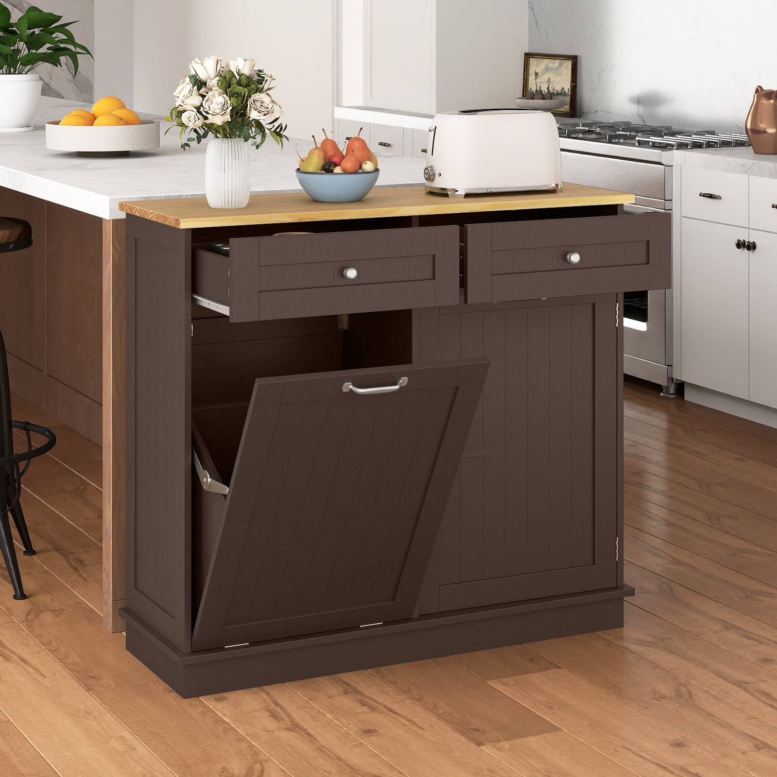 Alt View 3. Costway - Costway Wooden Kitchen Trash Cabinet Tilt Out Bin Holder with Drawer & Storage Shelf - Coffee.