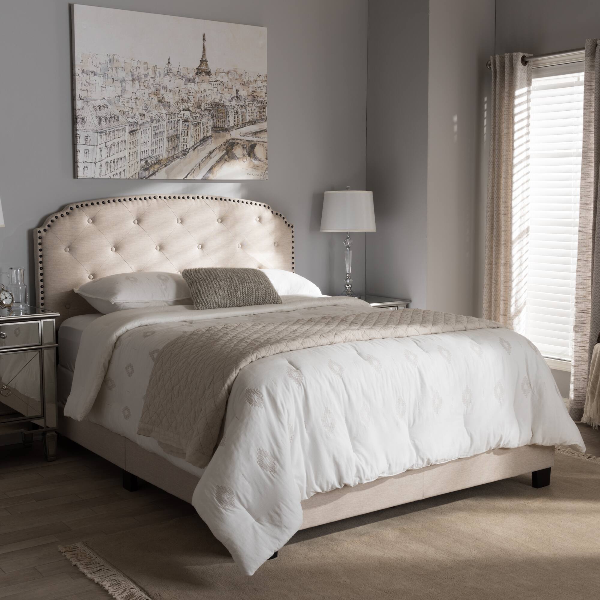 Alt View 2. Baxton Studio - Lexi Modern and Contemporary Fabric Upholstered Bed - Light Beige.