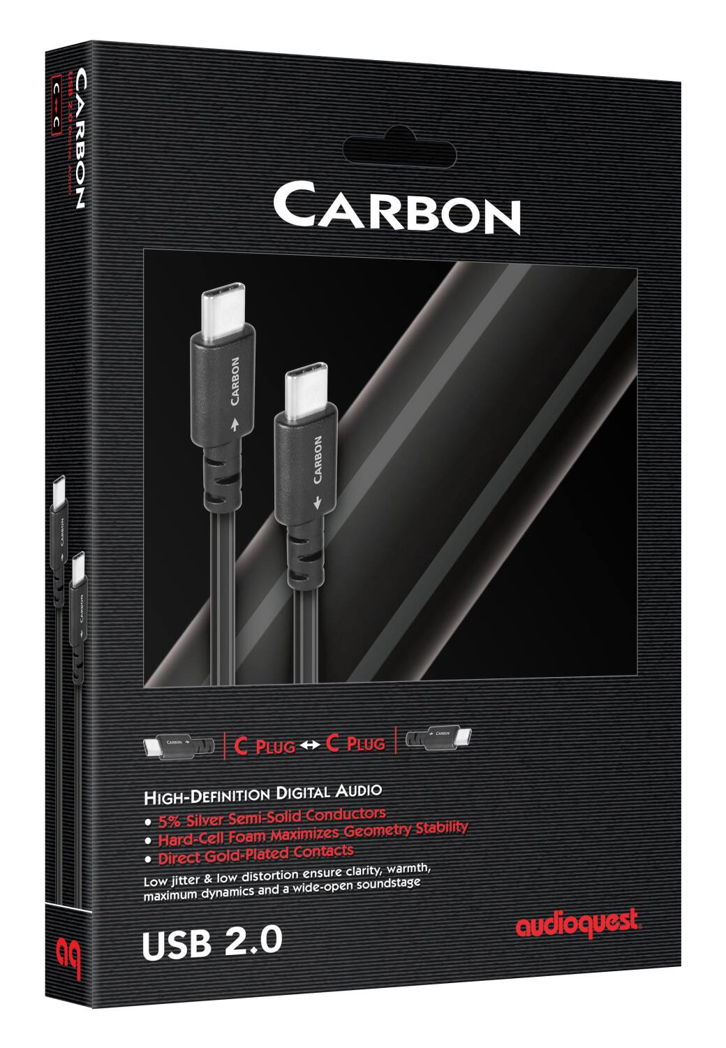 Carbon USB 2.0 High-Definition Digital Audio Cable with 5% Silver Semi-Solid Conductors, Hard-Cell Foam, Direct Gold Plated Contacts, and a wide-open soundstage.