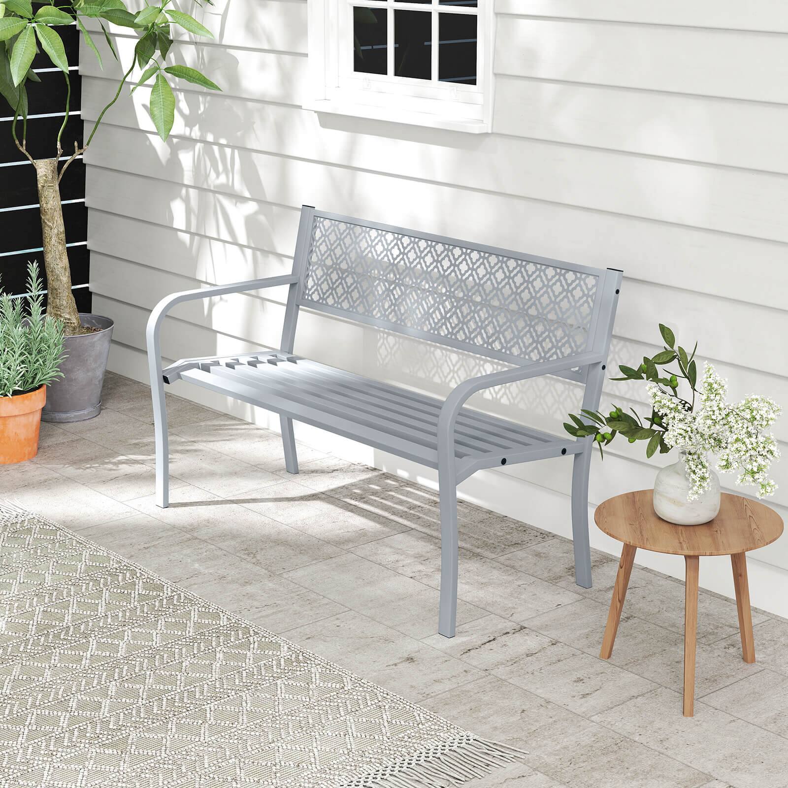 Alt View 3. Costway - Costway 50" Outdoor Garden Bench with Geometric Lattice Backrest  Armrests and Slatted Seat - Gray.
