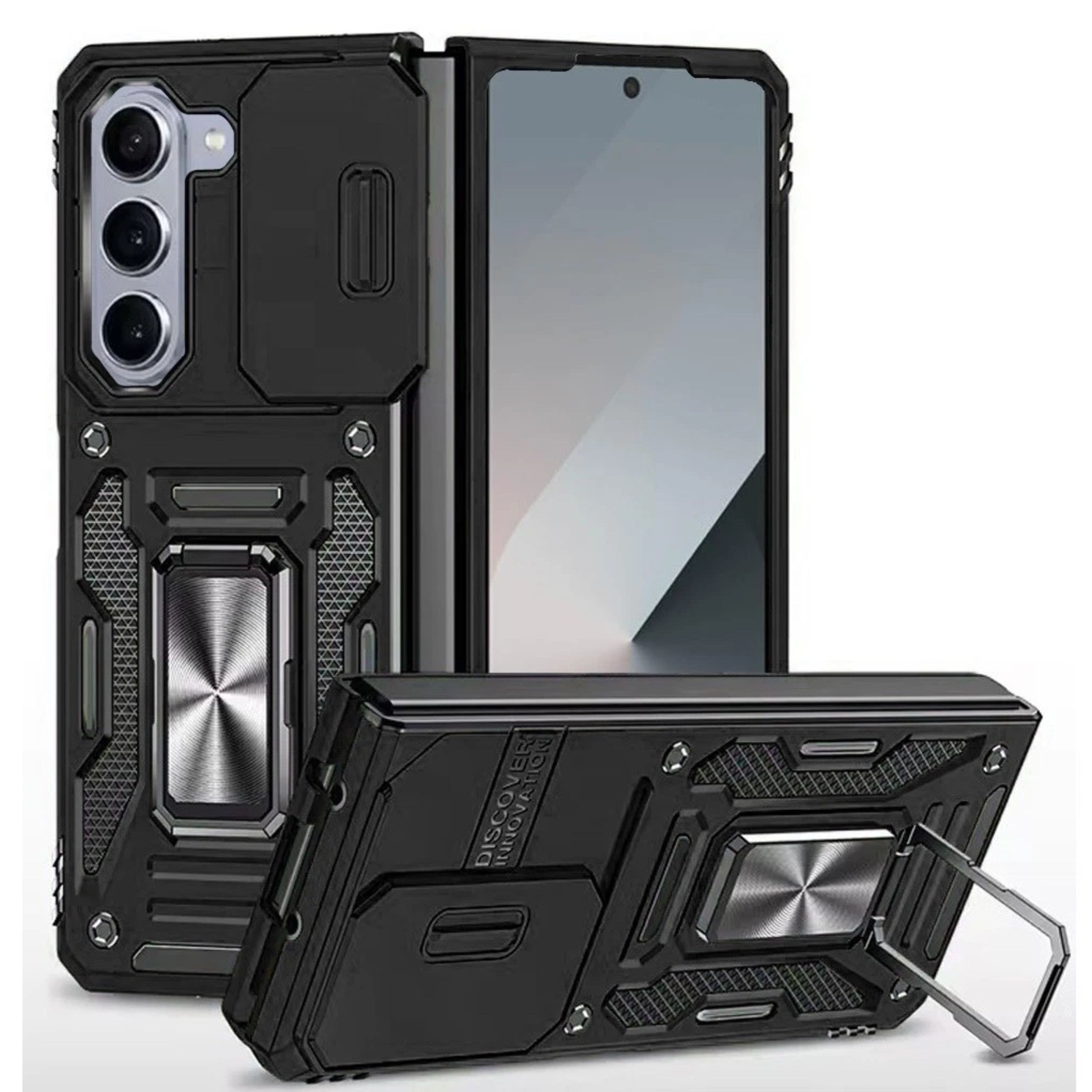 Kitcheniva - Sliding Lens Cover Magnetic Ring Stand Phone Case With Tempered Glass For Samsung Galaxy Z Fold7 - Black
