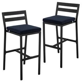LeisureMod - Chelsea 2-PCS Modern Patio Barstool, Rust-Proof Aluminum Low Back Outdoor Bar Stool with Olefin Cushion - Blue