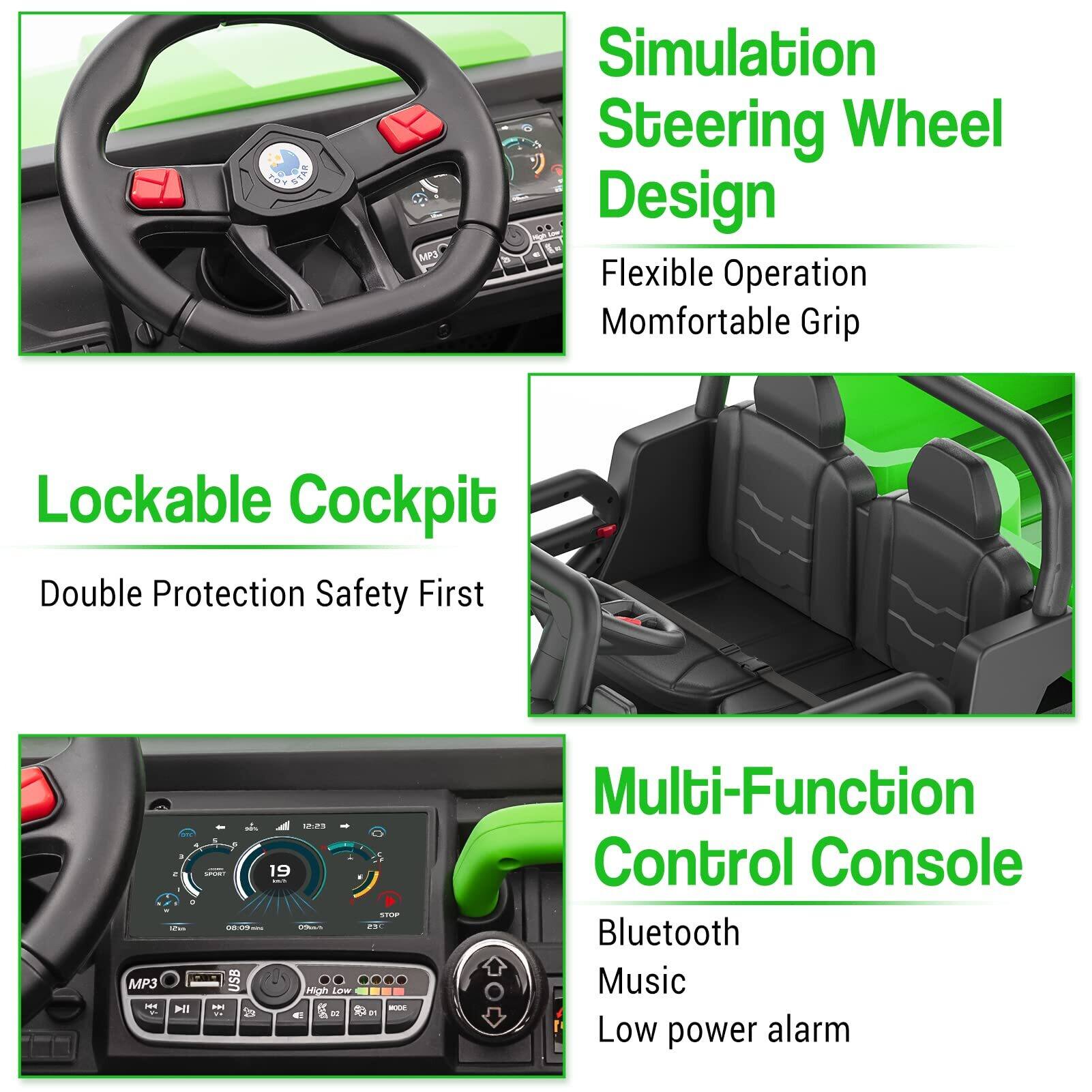 - Simulation Steering Wheel Design
  - Flexible Operation
  - Comfortable Grip

- Lockable Cockpit
  - Double Protection
  - Safety First

- Multi-Function Control Console
  - Bluetooth
  - Music
  - Low power alarm