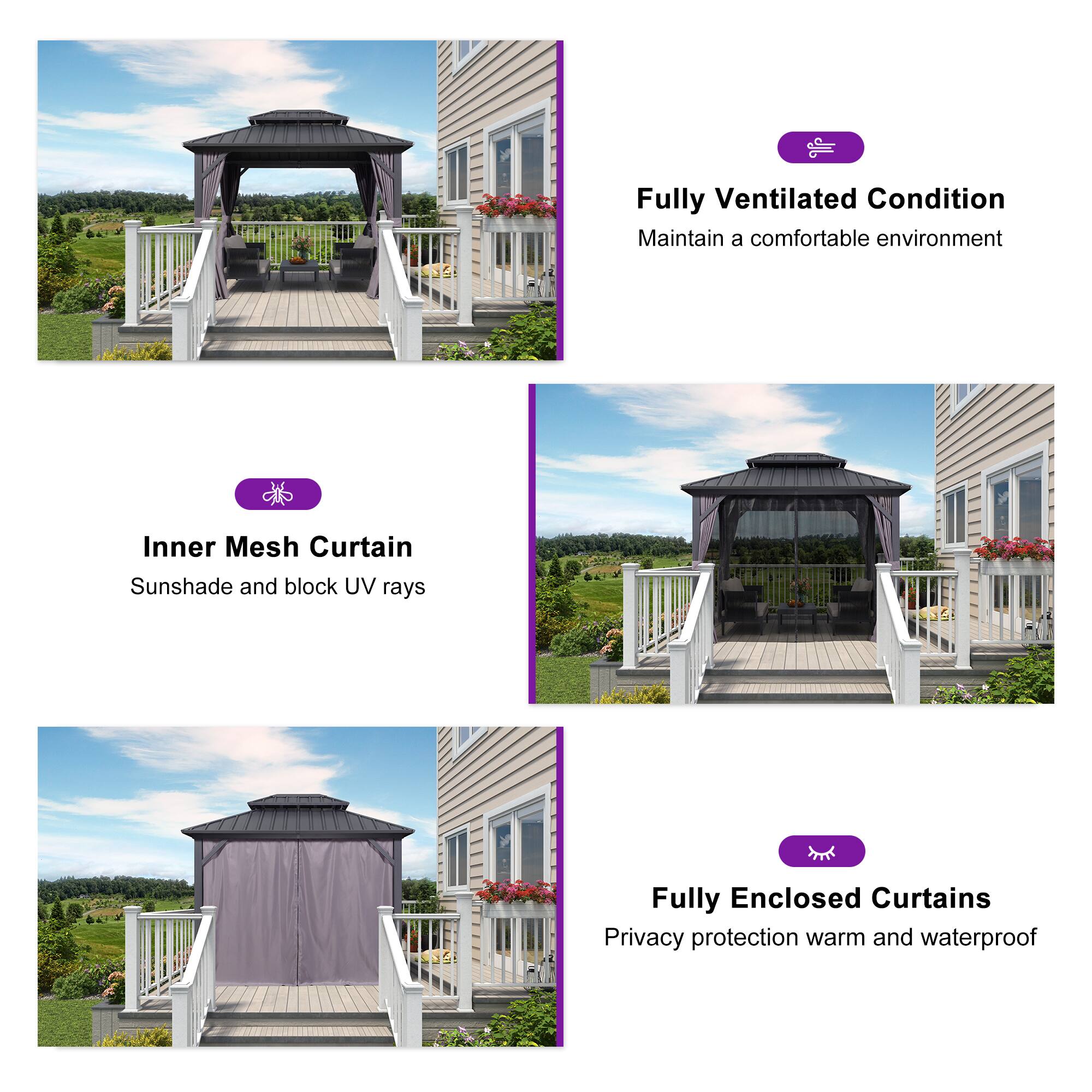 - Fully Ventilated Condition  
  Maintain a comfortable environment

- Inner Mesh Curtain  
  Sunshade and block UV rays

- Fully Enclosed Curtains  
  Privacy protection warm and waterproof