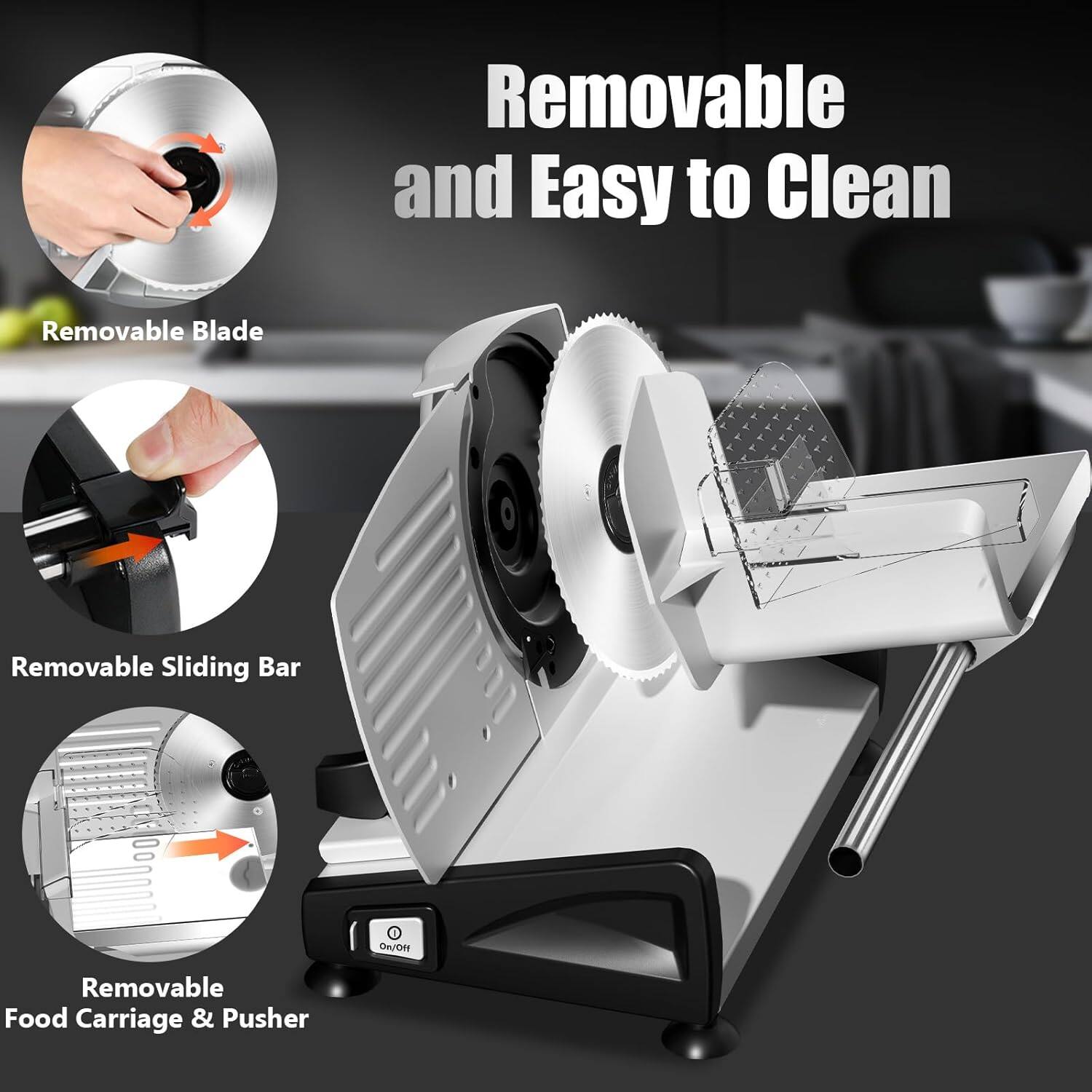 Removable and Easy to Clean

- Removable Blade
- Removable Sliding Bar
- Removable Food Carriage & Pusher
