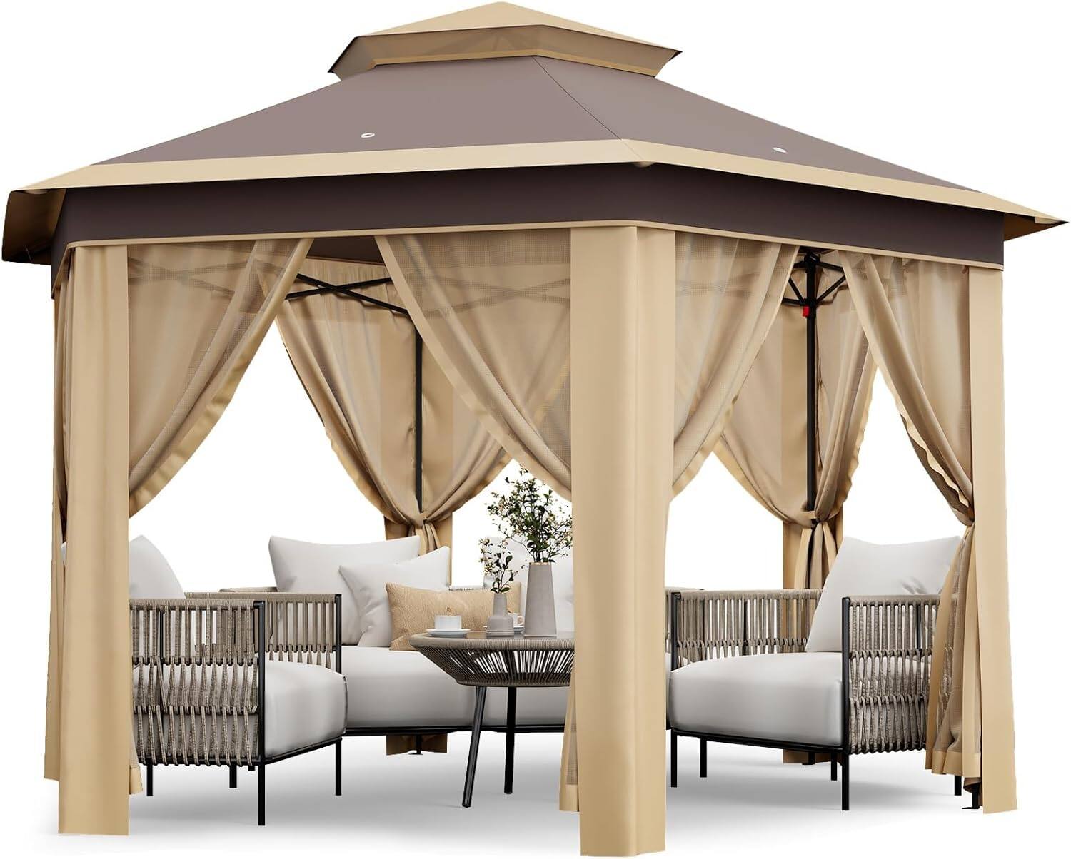 Front. GAOMON - 13'x13' Pop-Up Gazebo, Outdoor Hexagonal Patio Gazebo with Mosquito Netting, Instant Setup Canopy Tent - Khaki.