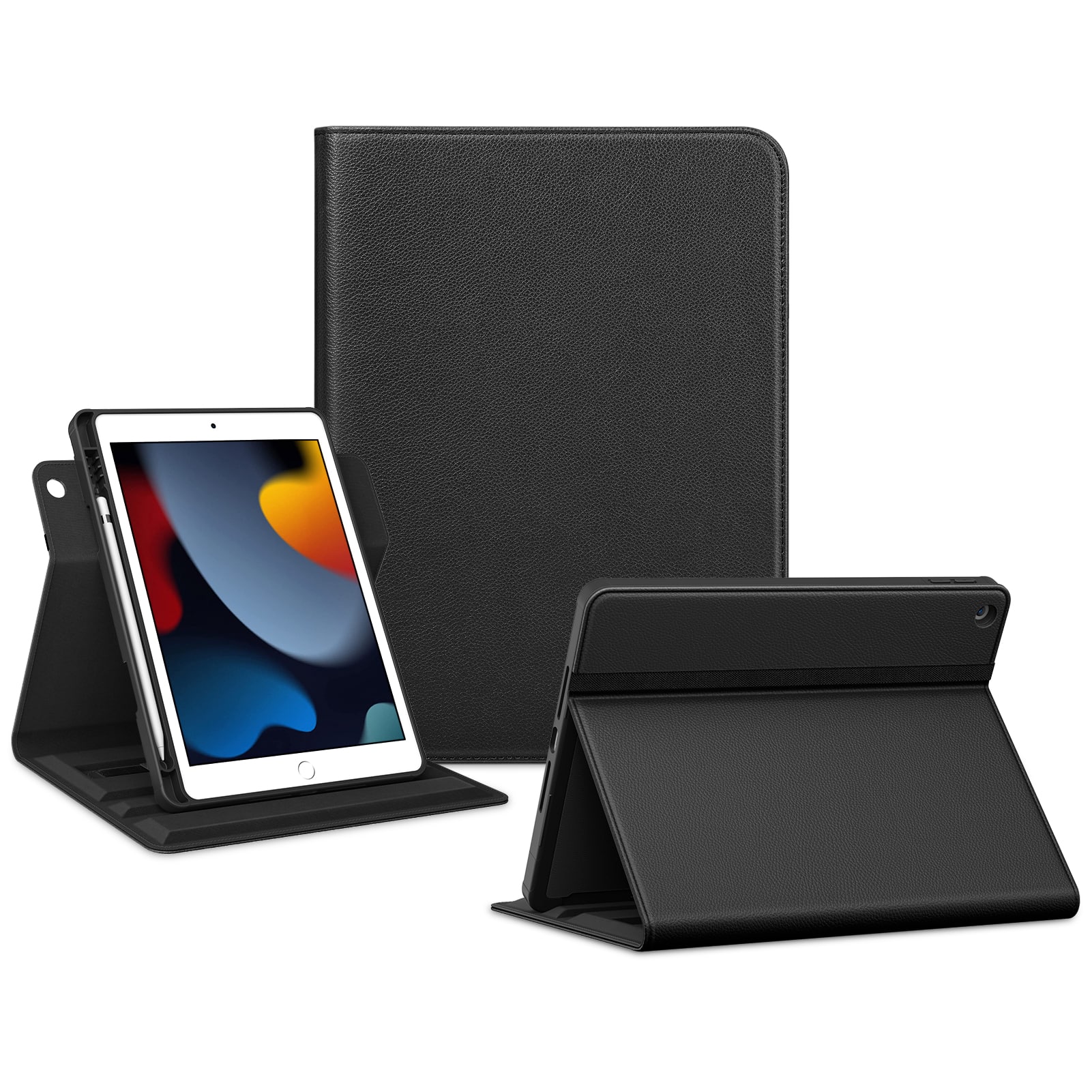 DTTO - Rotating Case for iPad 9th/8th/7th Gen 10.2", Leather Folio with Pencil Holder, 360° Stand, Hand & Close Straps - Black