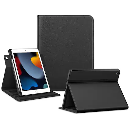 Front. DTTO - Rotating Case for iPad 9th/8th/7th Gen 10.2", Leather Folio with Pencil Holder, 360° Stand, Hand & Close Straps - Black.