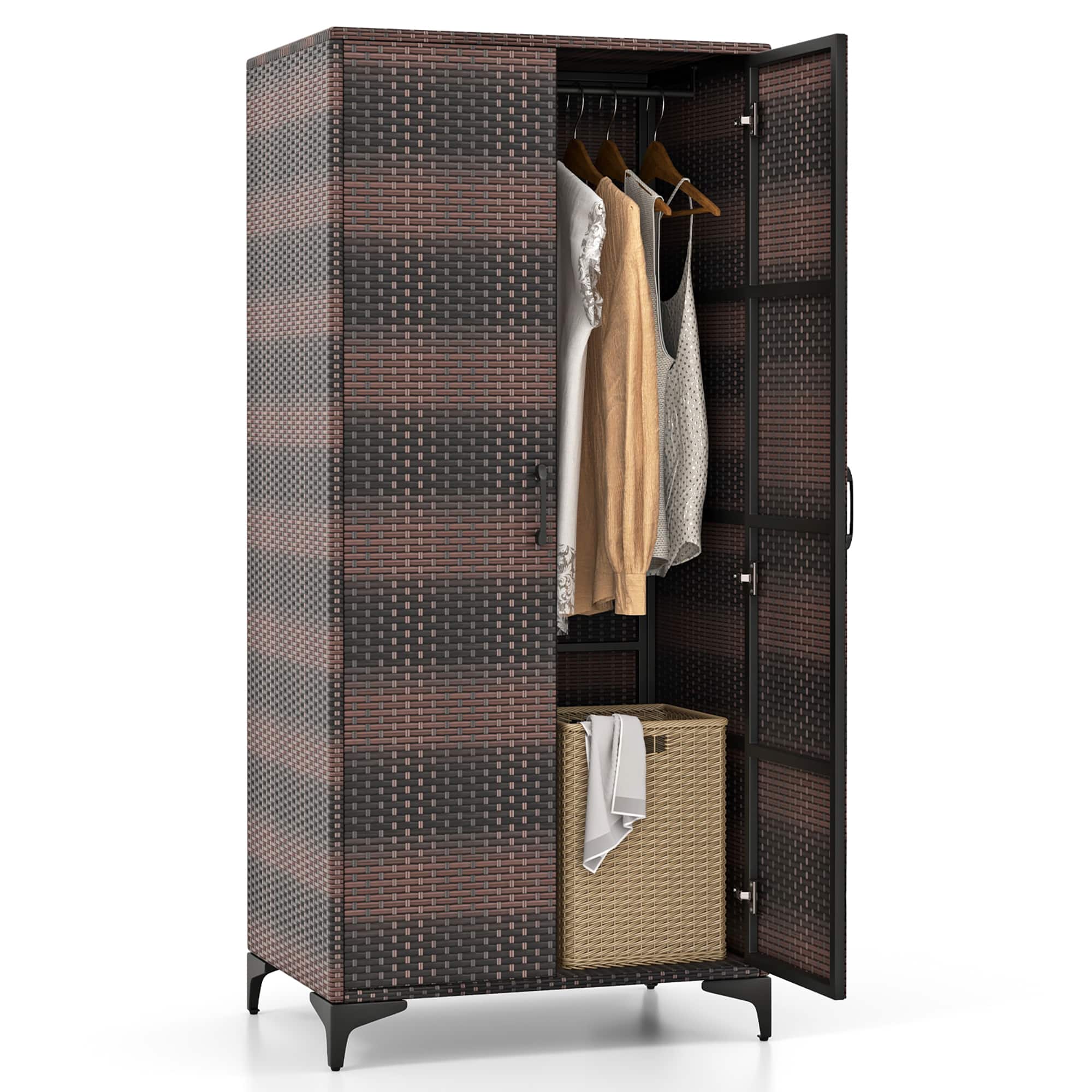 Gymax - 62'' Wicker Wardrobe w/ 2 Doors Hanging Rod & 4 Storage Cubes for Home Patio - Mix Brown price history on PriceWatchPro