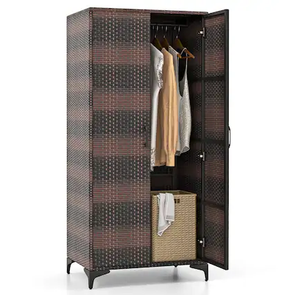 Front. Gymax - Gymax 62'' Wicker Wardrobe w/ 2 Doors Hanging Rod & 4 Storage Cubes for Home Patio Mix Brown - Mix Brown.