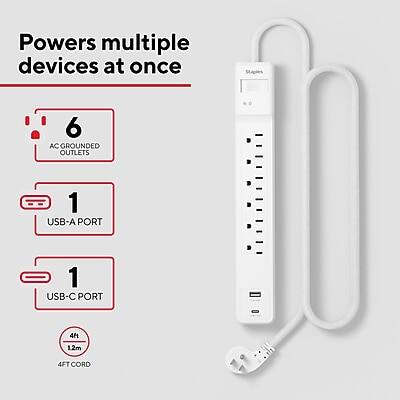 Powers multiple devices at once

- 6 AC GROUNDED OUTLETS
- 1 USB-A PORT
- 1 USB-C PORT
- 4FT CORD (1.2m)