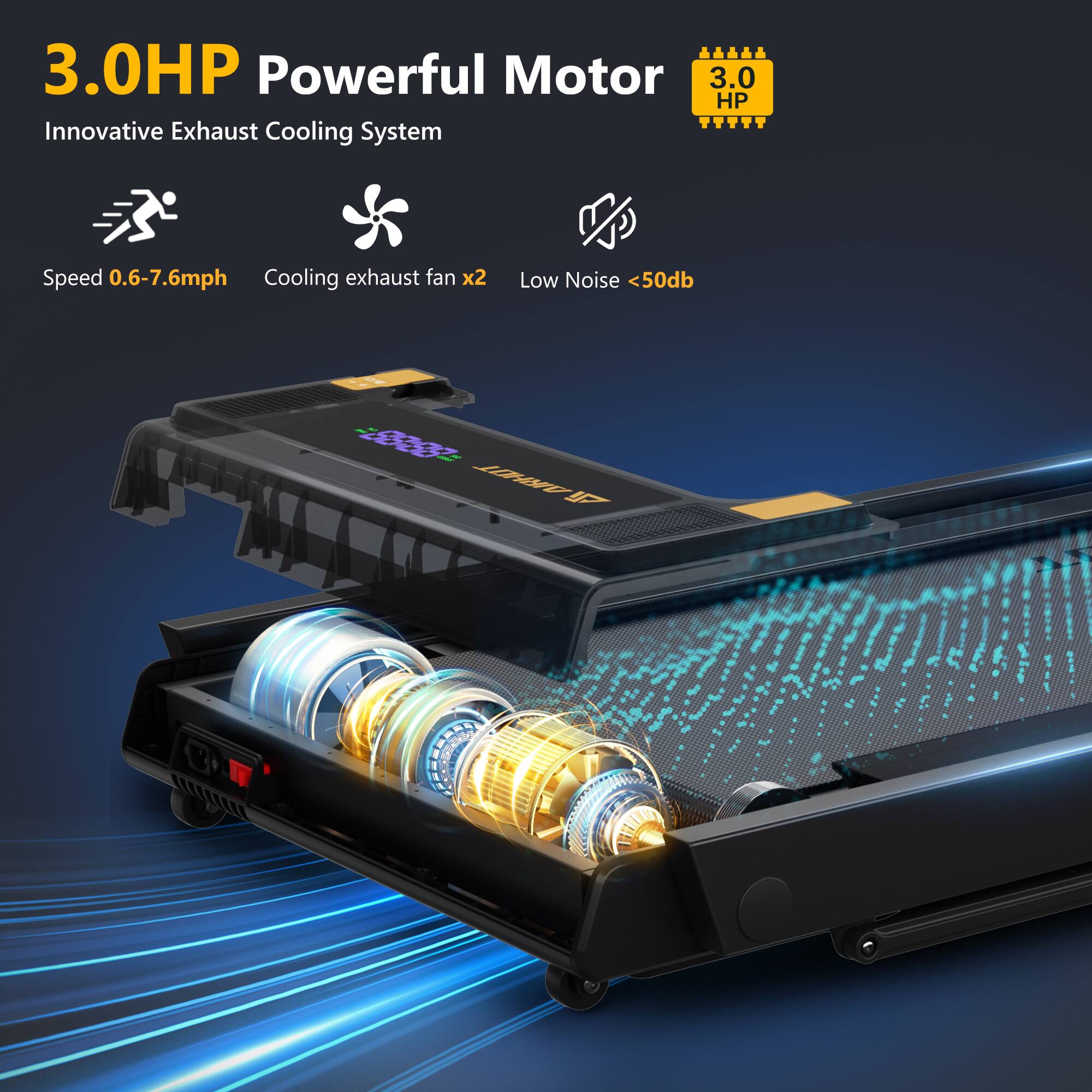 3.0HP Powerful Motor  
Innovative Exhaust Cooling System  

Speed 0.6-7.6mph  
Cooling exhaust fan x2  
Low Noise <50db  

3.0 HP