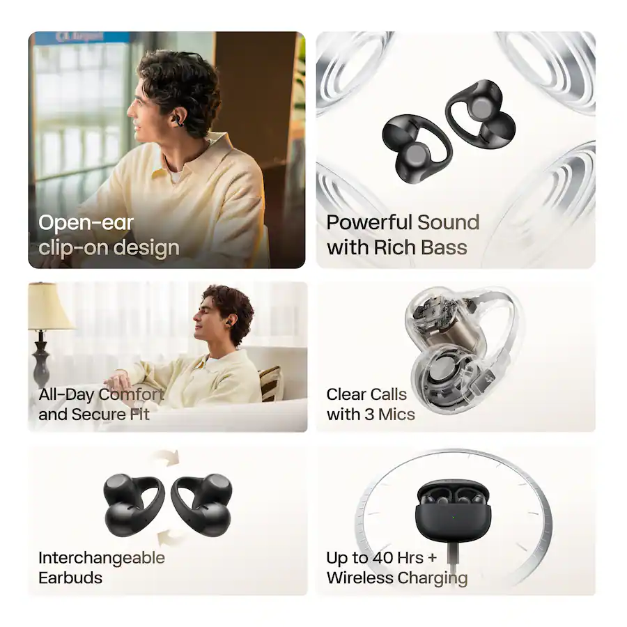 CA Aurugurt Open-ear clip-on design Powerful Sound with Rich Bass All-Day Comfort and Secure Fit Clear Calls with 3 Mics Interchangeable Earbuds Up to 40 Hrs + Wireless Charging