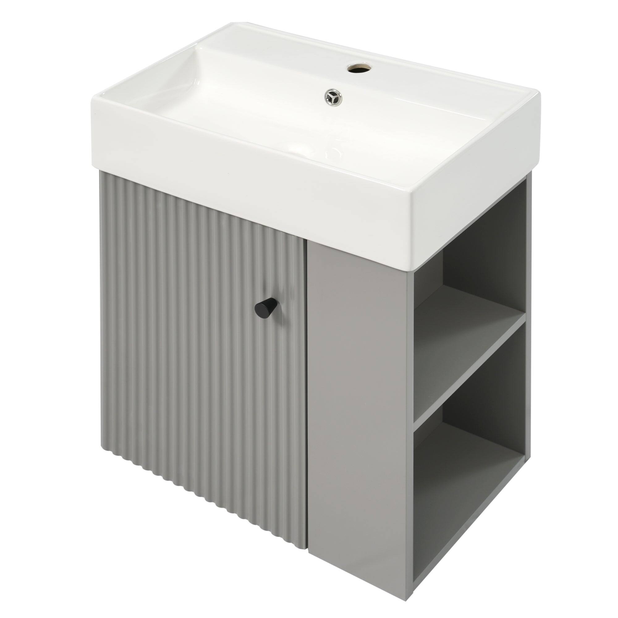Angle. Boyel Living - 21.6 Inch Gray Bathroom Vanity with Ceramic Sink Right Side Storage Soft Close Door MDF Cabinet Wall Mounted - Gray.