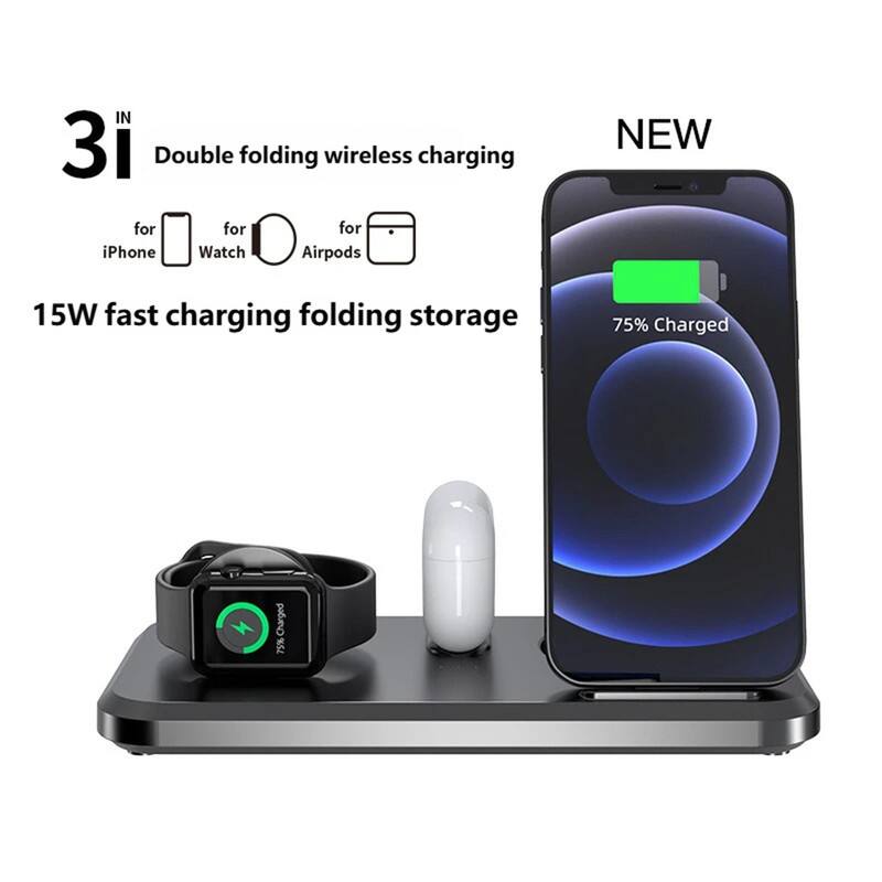 3 IN 1  
Double folding wireless charging  
for iPhone  
for Watch  
for Airpods  

15W fast charging folding storage  

NEW  
75% Charged