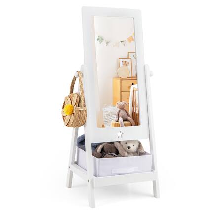 Front. Gymax - Gymax Kids Freestanding Full Length Dressing Floor Mirror w/ Shelf Storage Bin White - White.