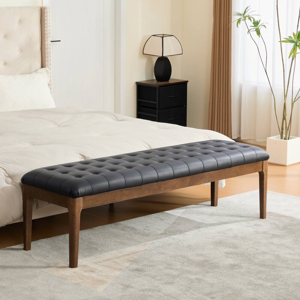 Alt View 3. Ropilly - Ropilly 66 Inch Black Faux Leather End of Bed Bench, Button Tufted Upholstered Entryway Shoe Bench with Wood Legs - Black.