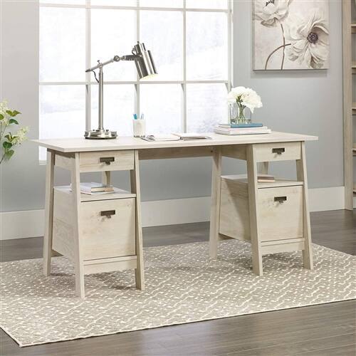 Angle. SlickBlue - Executive Farmhouse Desk with Built-In Filing Cabinets - Chalky Oak.