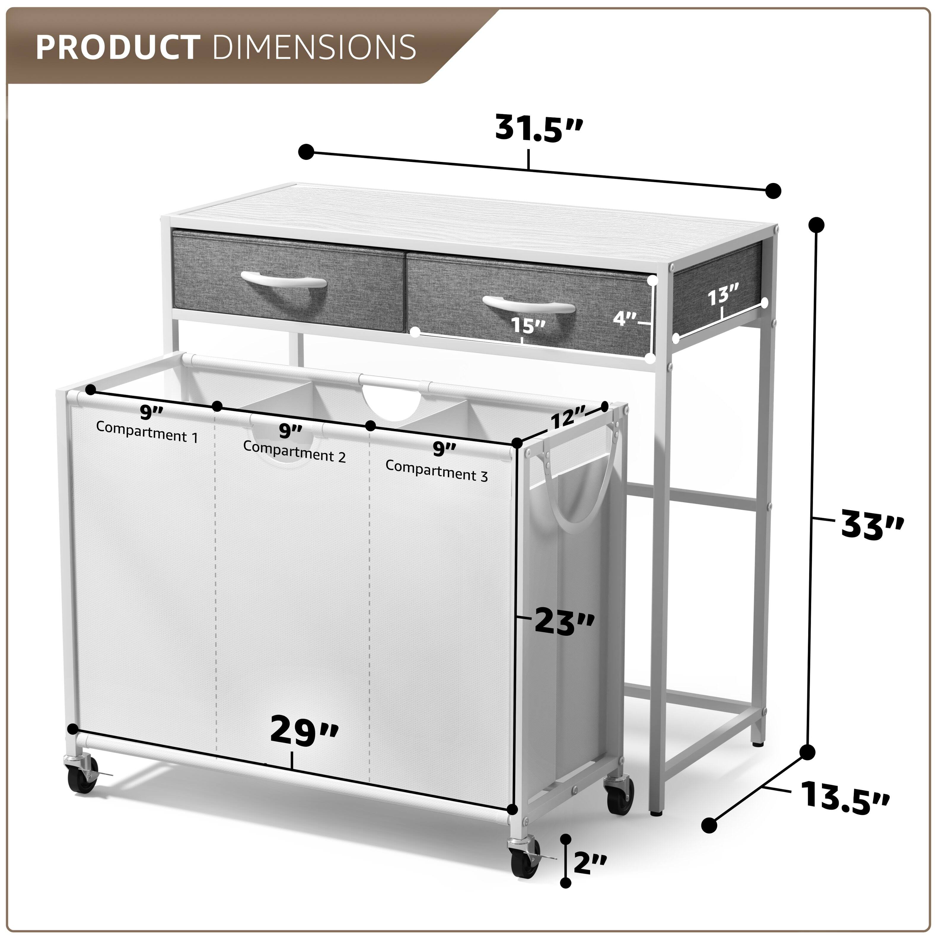 PRODUCT DIMENSIONS

- Width: 31.5"
- Depth: 15"
- Height: 33"
- Drawer Height: 4"
- Drawer Width: 13"
- Drawer Depth: 12"
- Shelf Height: 13.5"
- Shelf Width: 29"
- Shelf Depth: 23"
- Compartment 1: 9"
- Compartment 2: 9"
- Compartment 3: 12"