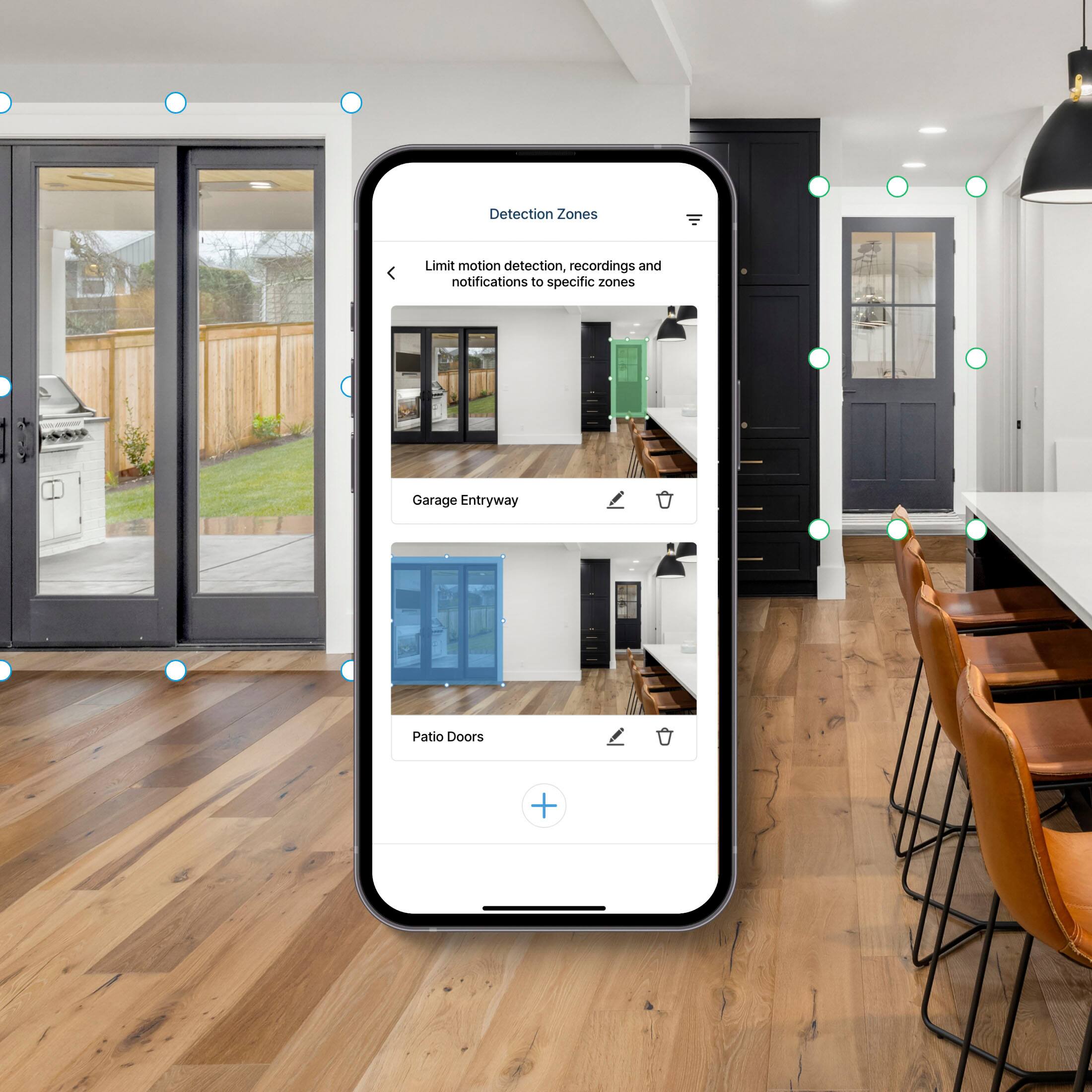 Detection Zones: Limit motion detection, recordings, and notifications to specific zones. Garage Entryway, Patio Doors, and +