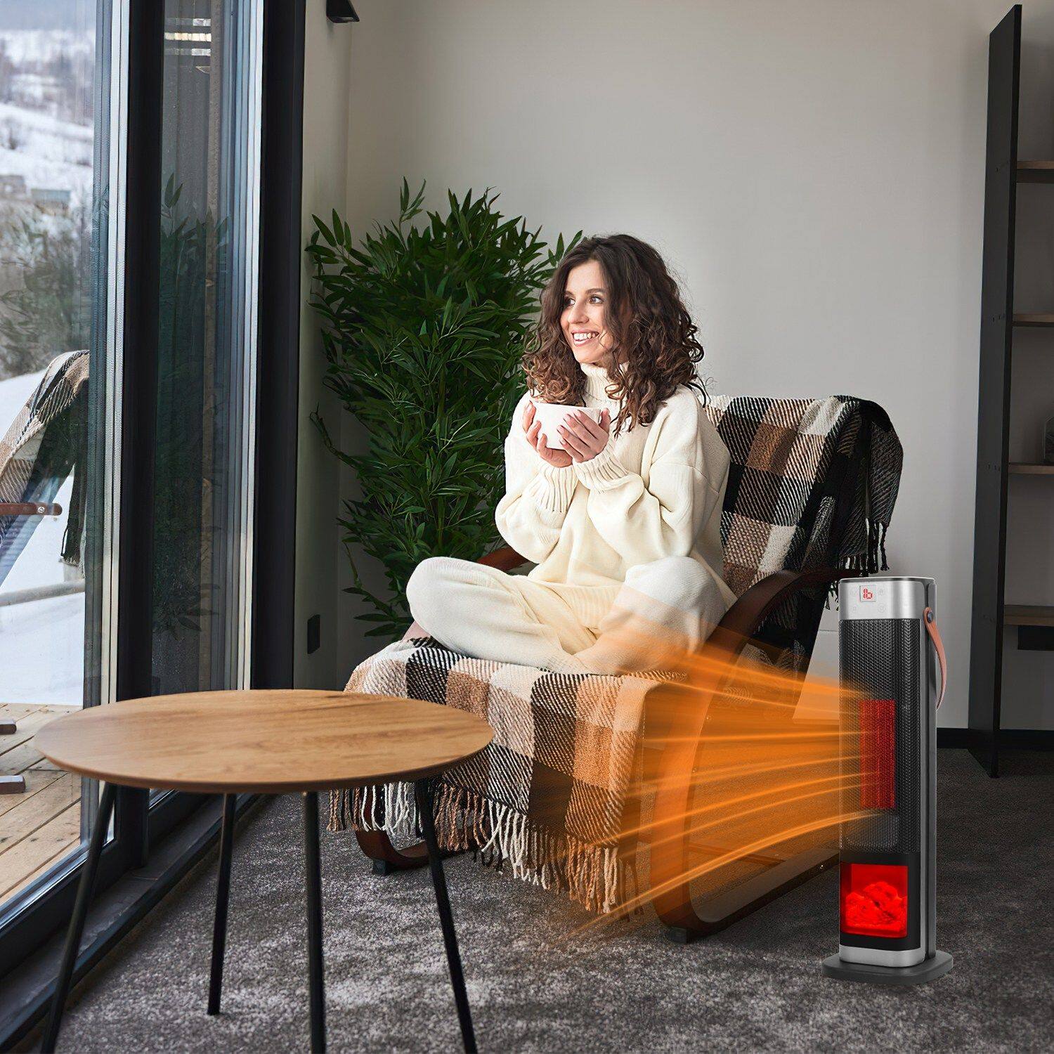 Left. Akoasm - 1500W Tower Heater with 3D Flame & Remote - 90° Oscillation, 3 Heat Modes, Adjustable Thermostat for 323 Sq Ft .