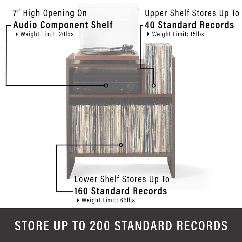 7" High Opening On Audio Component Shelf  
Weight Limit: 20lbs  

Upper Shelf Stores Up To 40 Standard Records  
Weight Limit: 15lbs  

Lower Shelf Stores Up To 160 Standard Records  
Weight Limit: 65lbs  

STORE UP TO 200 STANDARD RECORDS