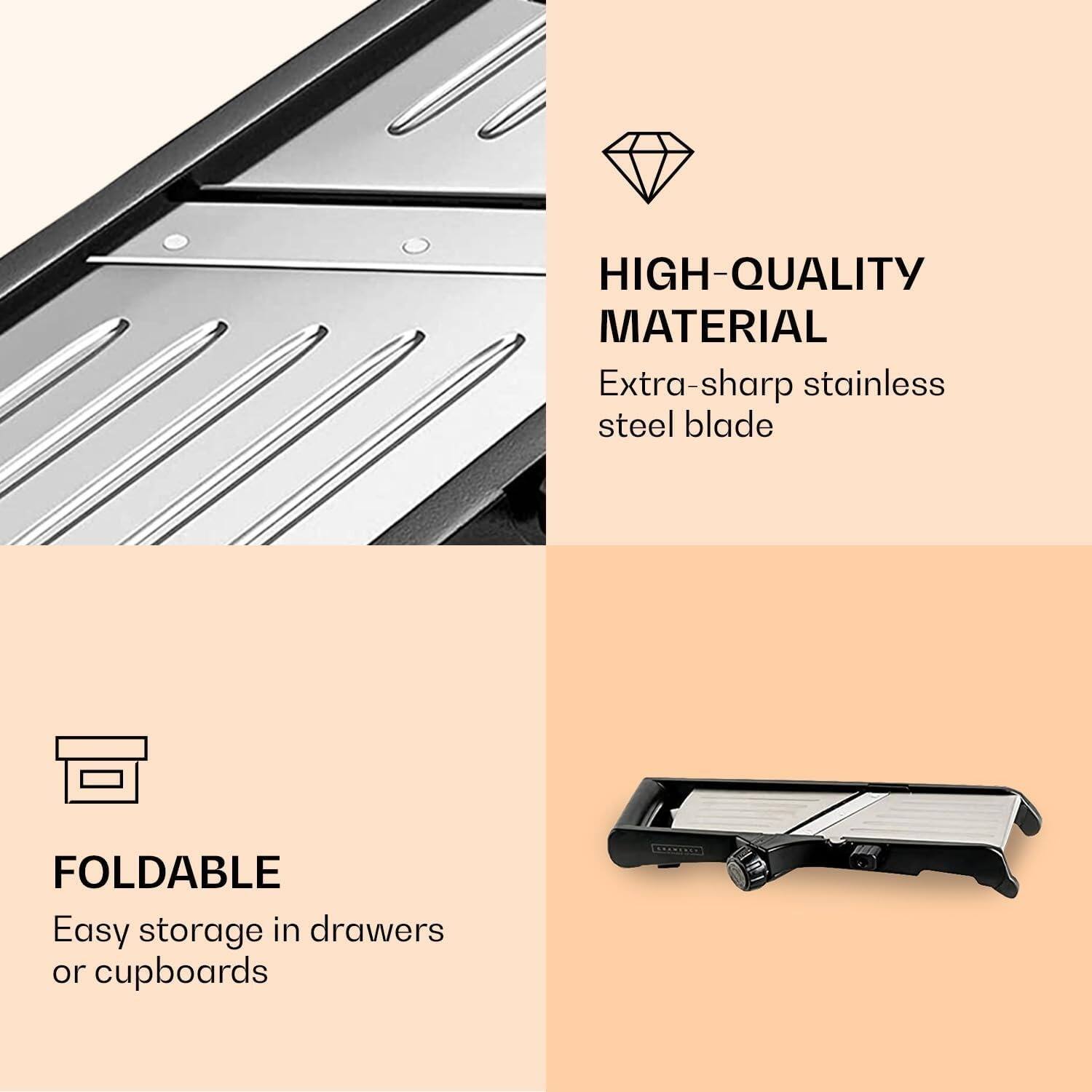 HIGH-QUALITY MATERIAL  
Extra-sharp stainless steel blade  

FOLDABLE  
Easy storage in drawers or cupboards