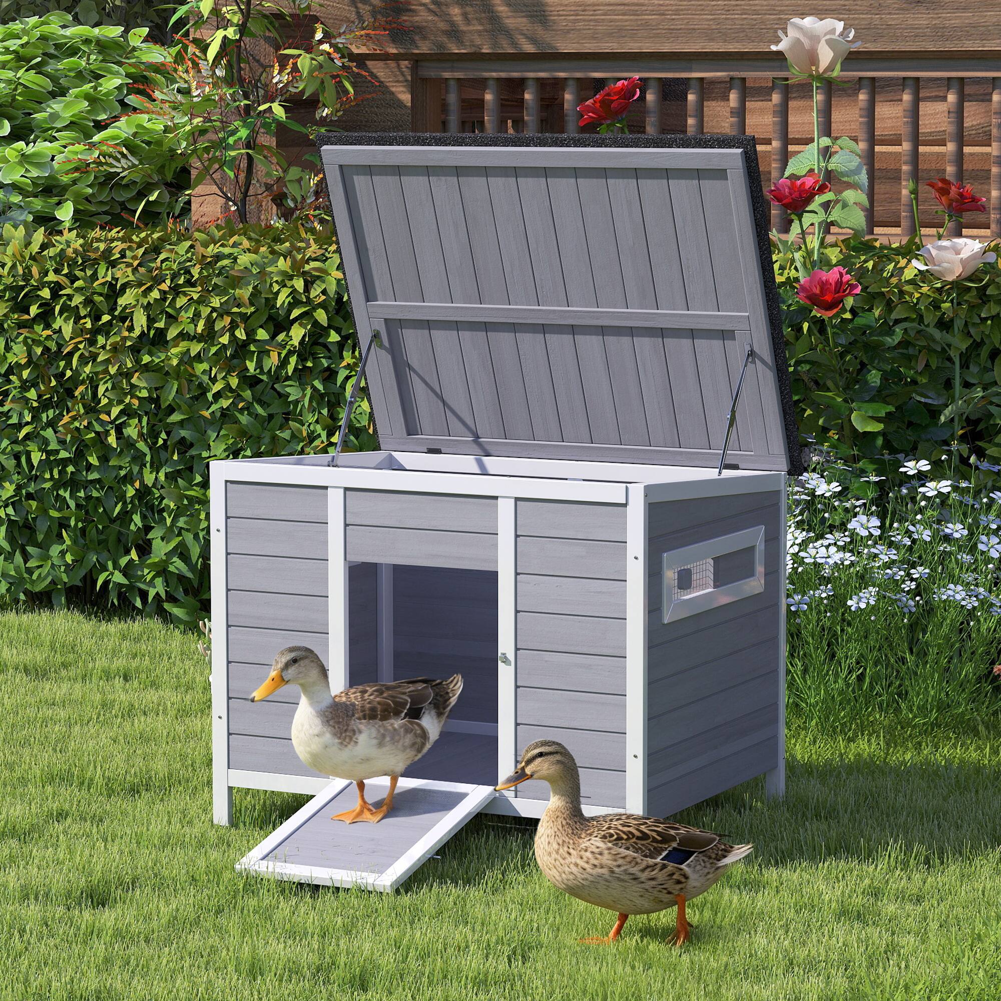 Alt View 1. Pawhut - Coop, Wooden Duck House Rabbit Hutch with Openable Roof, Removable Base, Elevated Legs, Ramp - Gray.