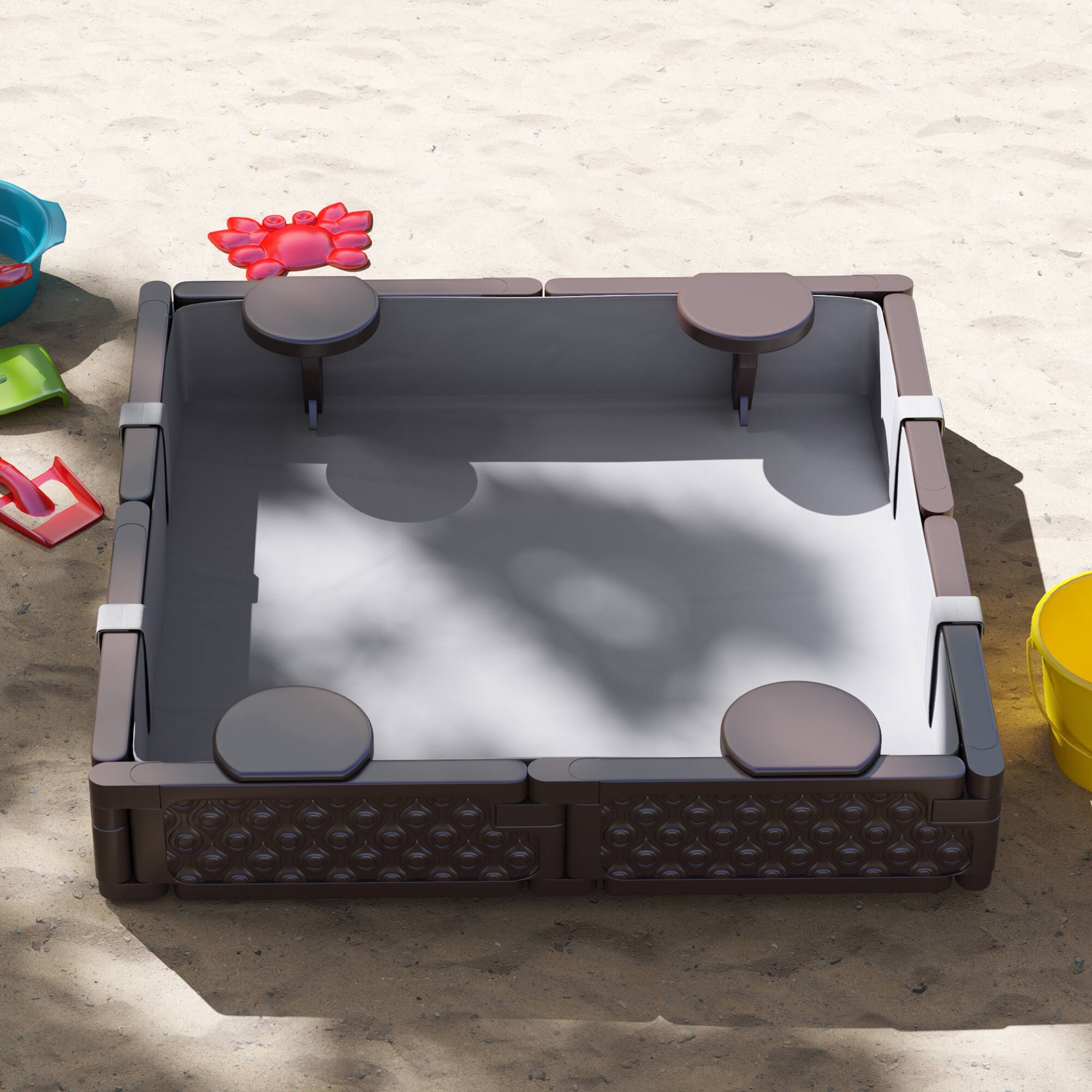 Alt View 8. Qaba - Sandbox with Cover, 4 Corner Seats, Bottom Liner for Backyard, Garden, Outdoor, 47" x 47" x 9".
