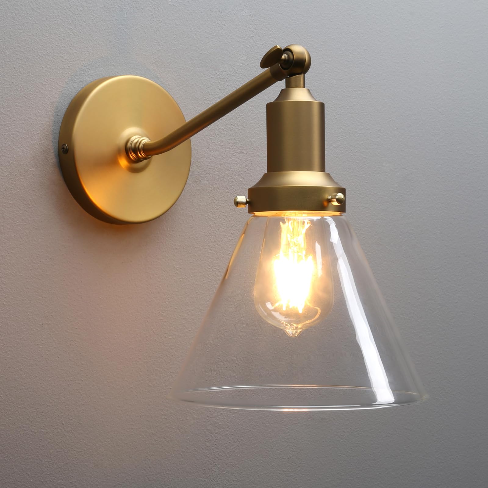 Alt View 6. Comfort Essence - Industrial Vintage Slope Pole Wall Mount Single Sconce With Funnel FlaClear Glass Shade Light Lamp Fixture - Brushed Funnel 1-Light Hardwired.