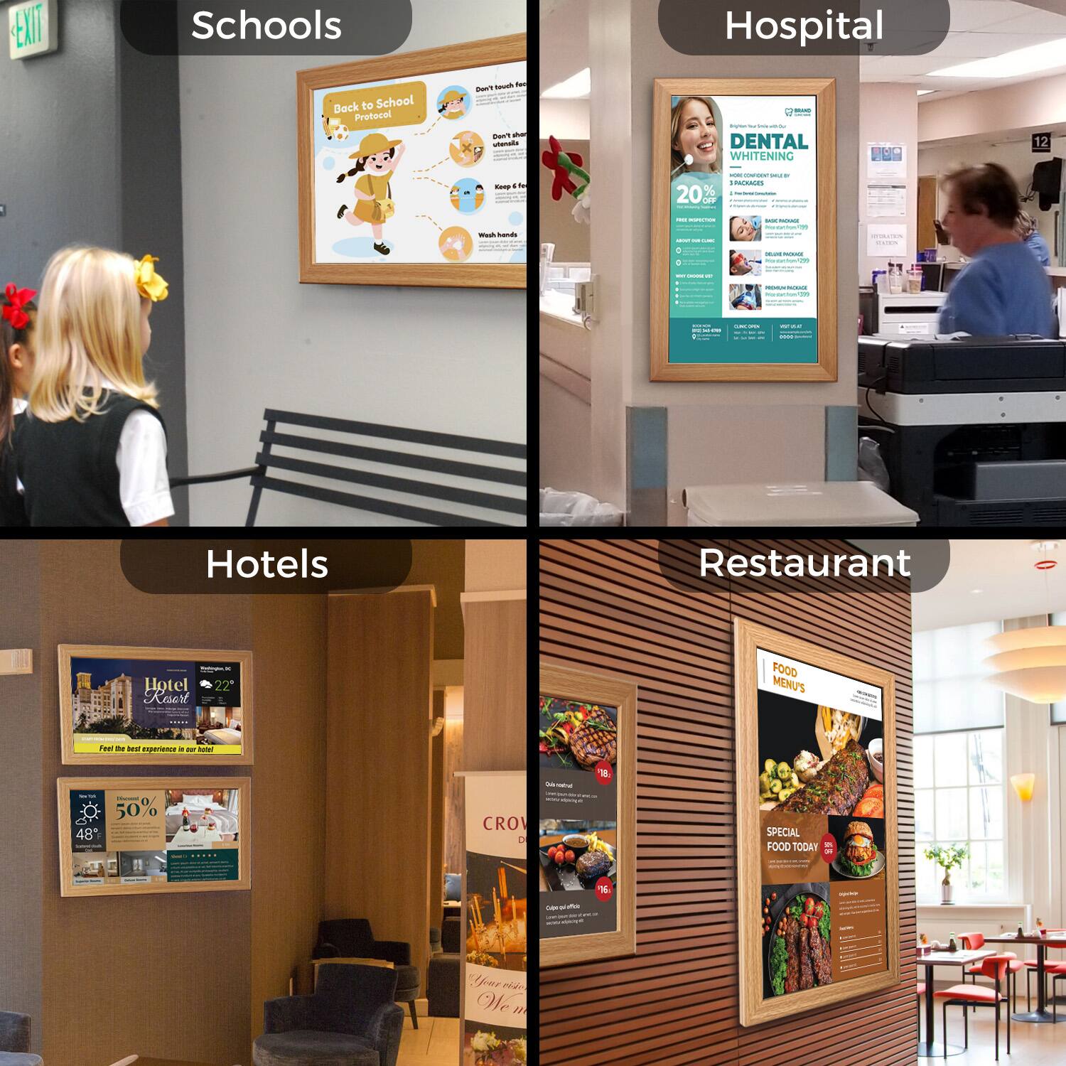 Schools: Back to School Protecel

Hospital: DENTAL WHITENING 20%

Hotels: Hotel 22

Restaurant: FOOD MENUS SPECIAL FOOD TODAY