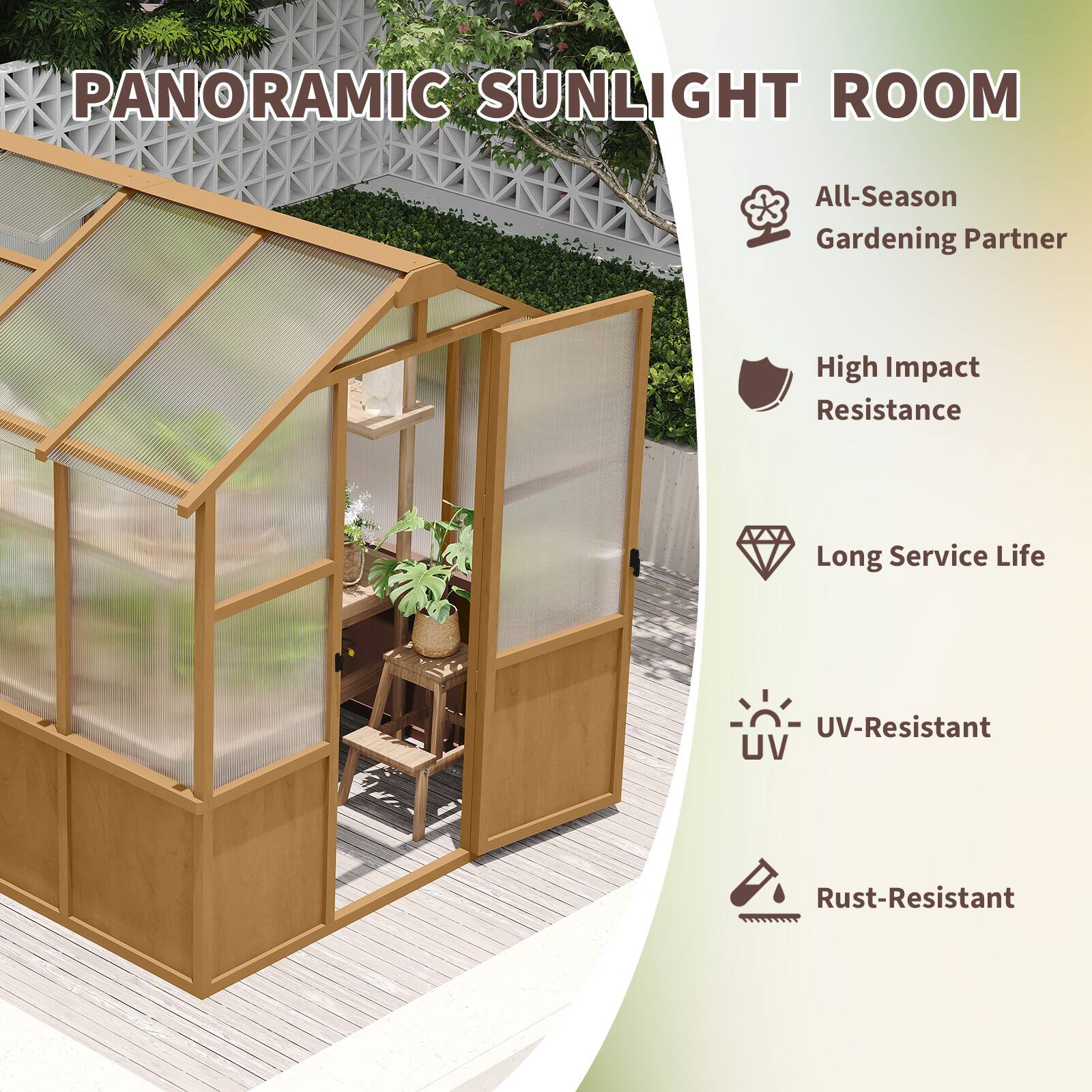 PANORAMIC SUNLIGHT ROOM

- All-Season Gardening Partner
- High Impact Resistance
- Long Service Life
- UV-Resistant
- Rust-Resistant